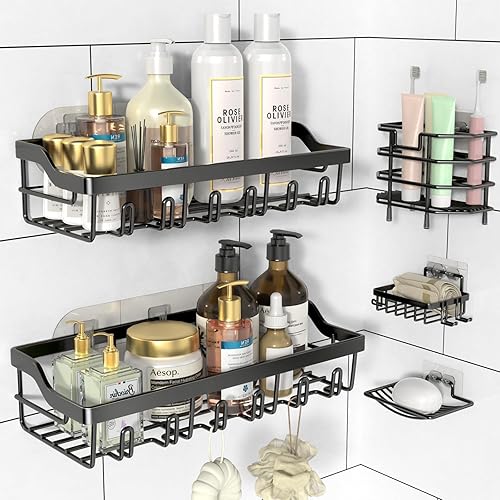 Hsiohe Paquete de 5 organizadores de ducha, organizador de ducha adhesivo para almacenamiento de baño, estantes de ducha de acero inoxidable a