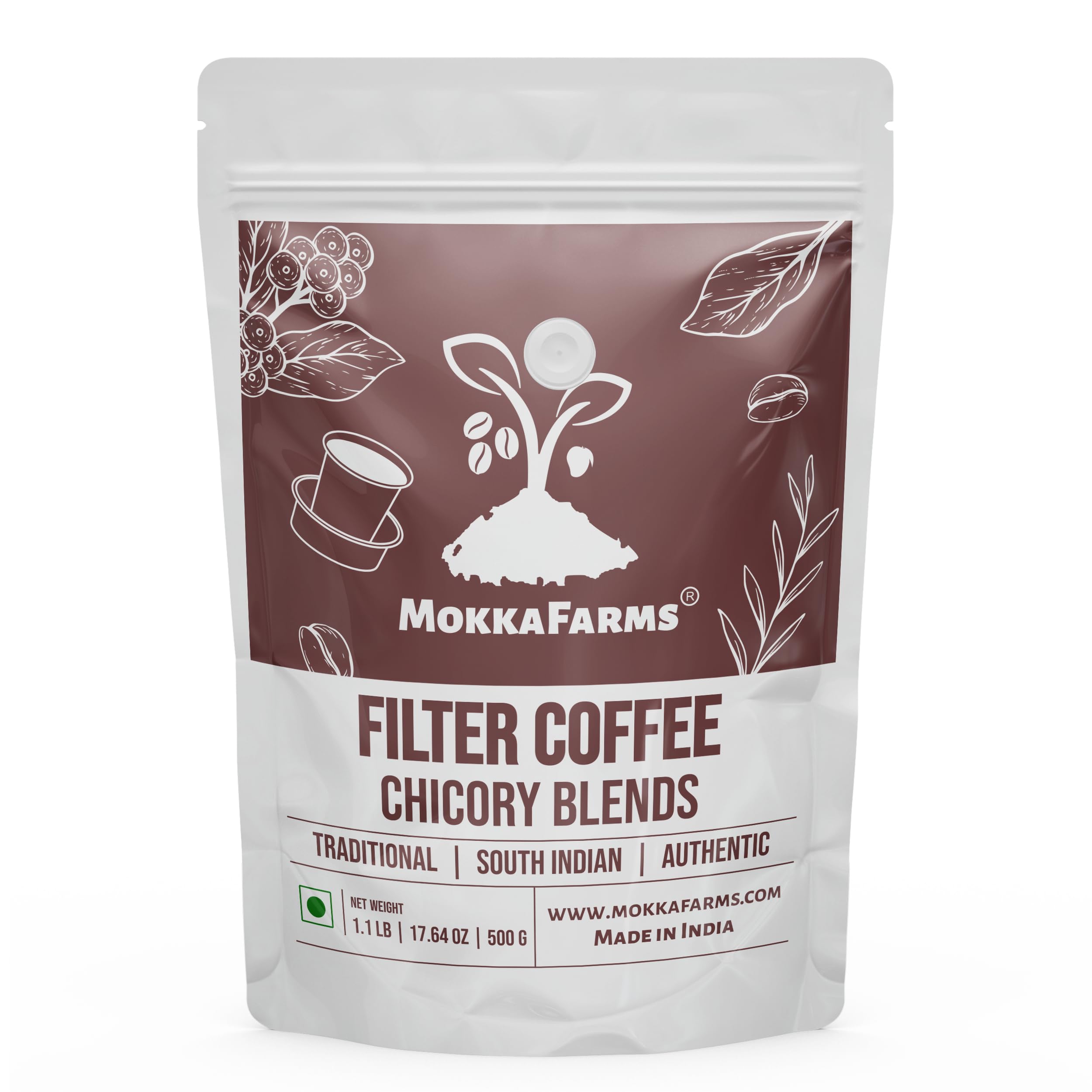 MokkaFarms Vibrance Traditional South Indian Filter Coffee | 80% Coffee - 20% Chicory | Fresh Roast & Ground, Strong, Aroma | Farm to Fork | One-way Valve Zip-lock Bag |500 g