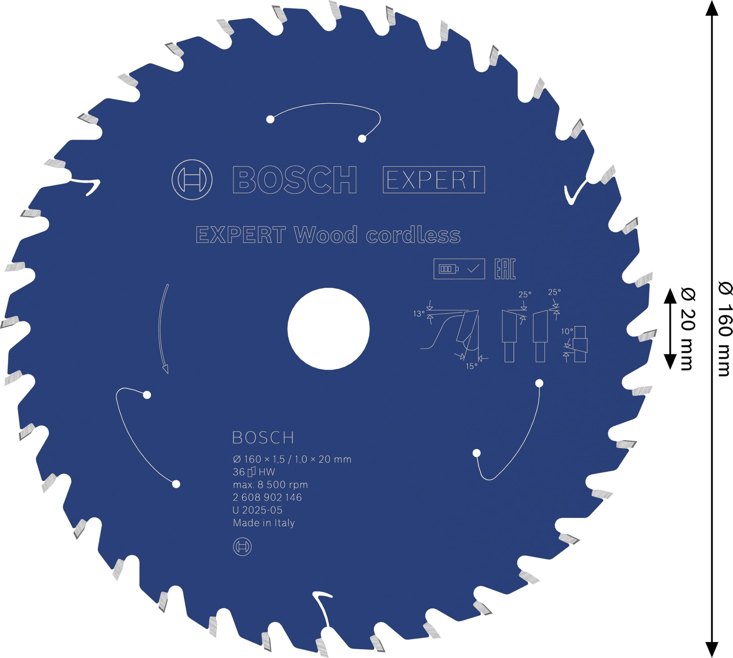 Bosch 1x Lama per sega circolare EXPERT Wood cordless per sega circolare portatile (per Legno tenero, Legno duro, Ø mm, Professional Accessorio Seghe circolari a batteria portatili)
