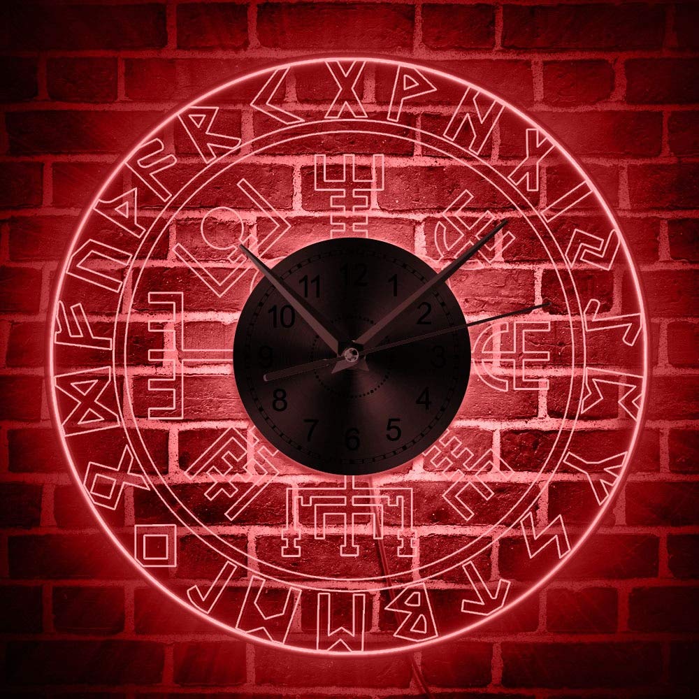 30cm Viking Runes Acrylique LED Edge Allumé Horloge Murale avec LED Lumière Homme Cave Bar Signe Lumineux Norse Rune Compass Horloge Murale Lumineuse 7 Couleurs Changeables Cadeau De Jour Des Enfant