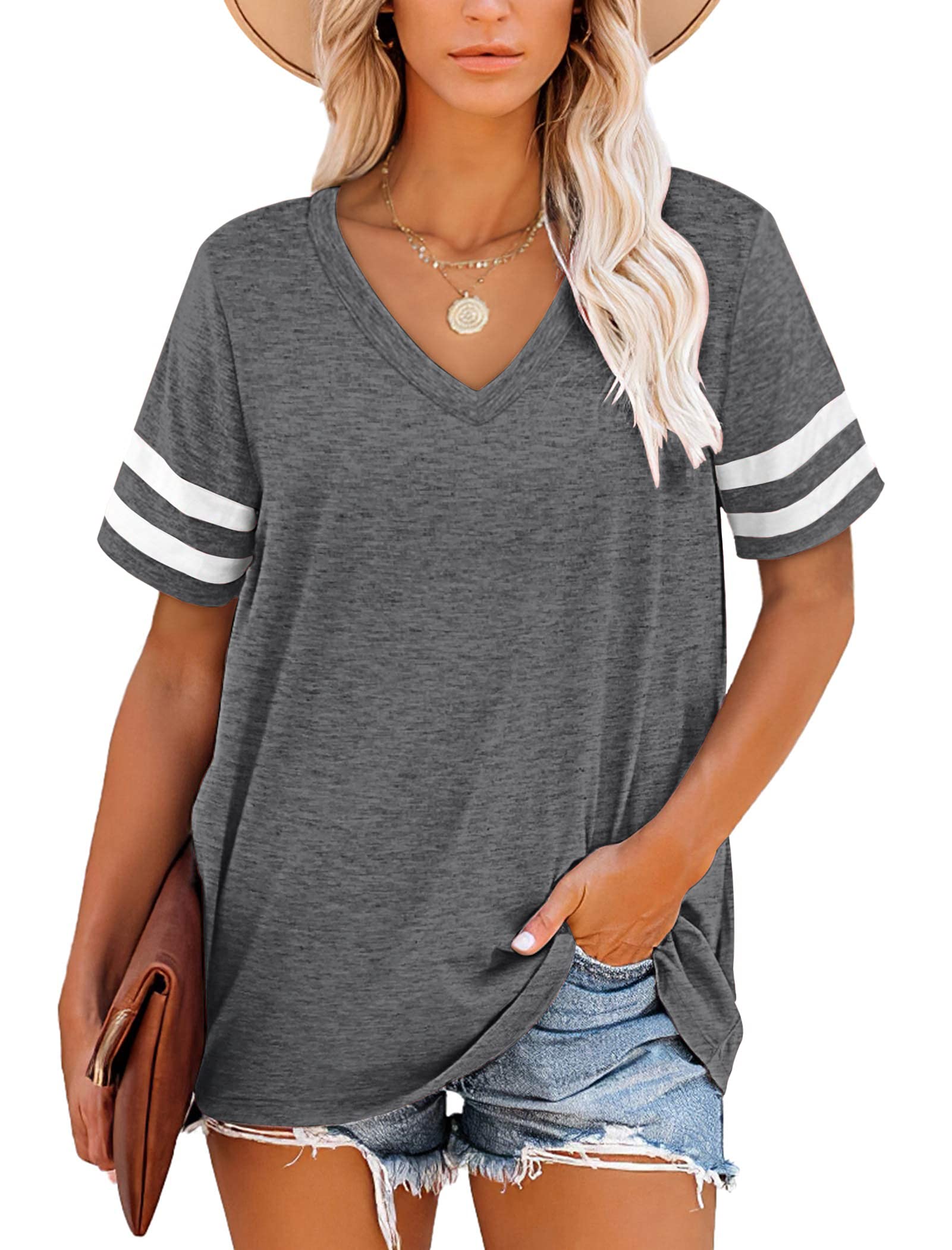 NARRAME Camiseta de Manga Corta con Cuello en V a Rayas para Mujer