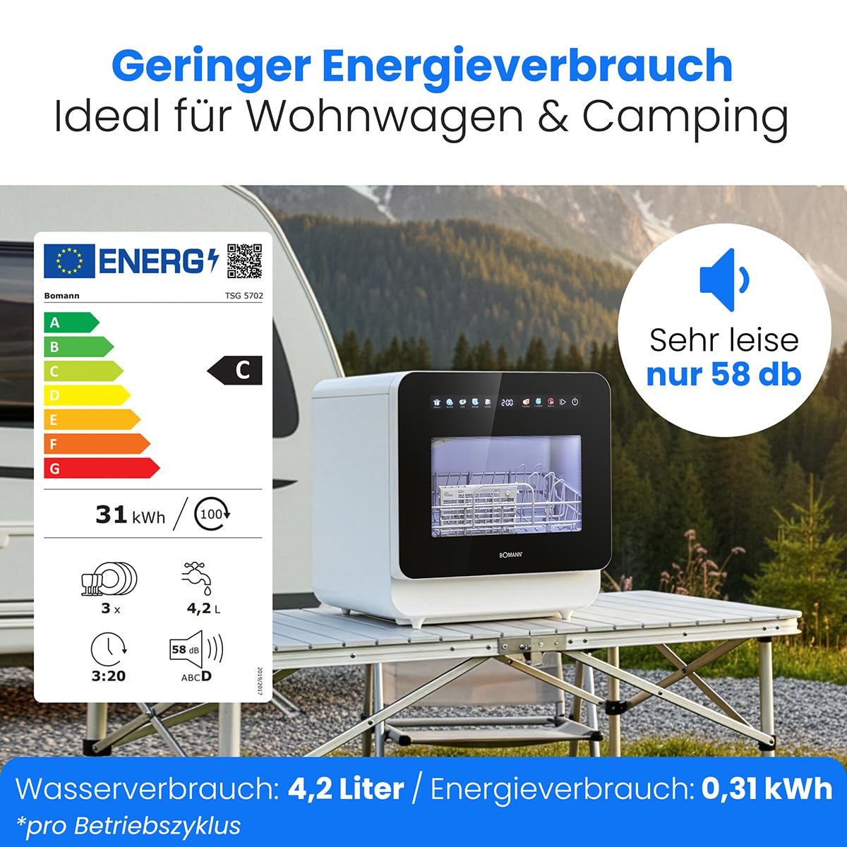 Bomann TSG 5702 Tischgeschirrspüler Mini Spülmaschine 6 Programme 3 Maßgedecke Energieklasse C