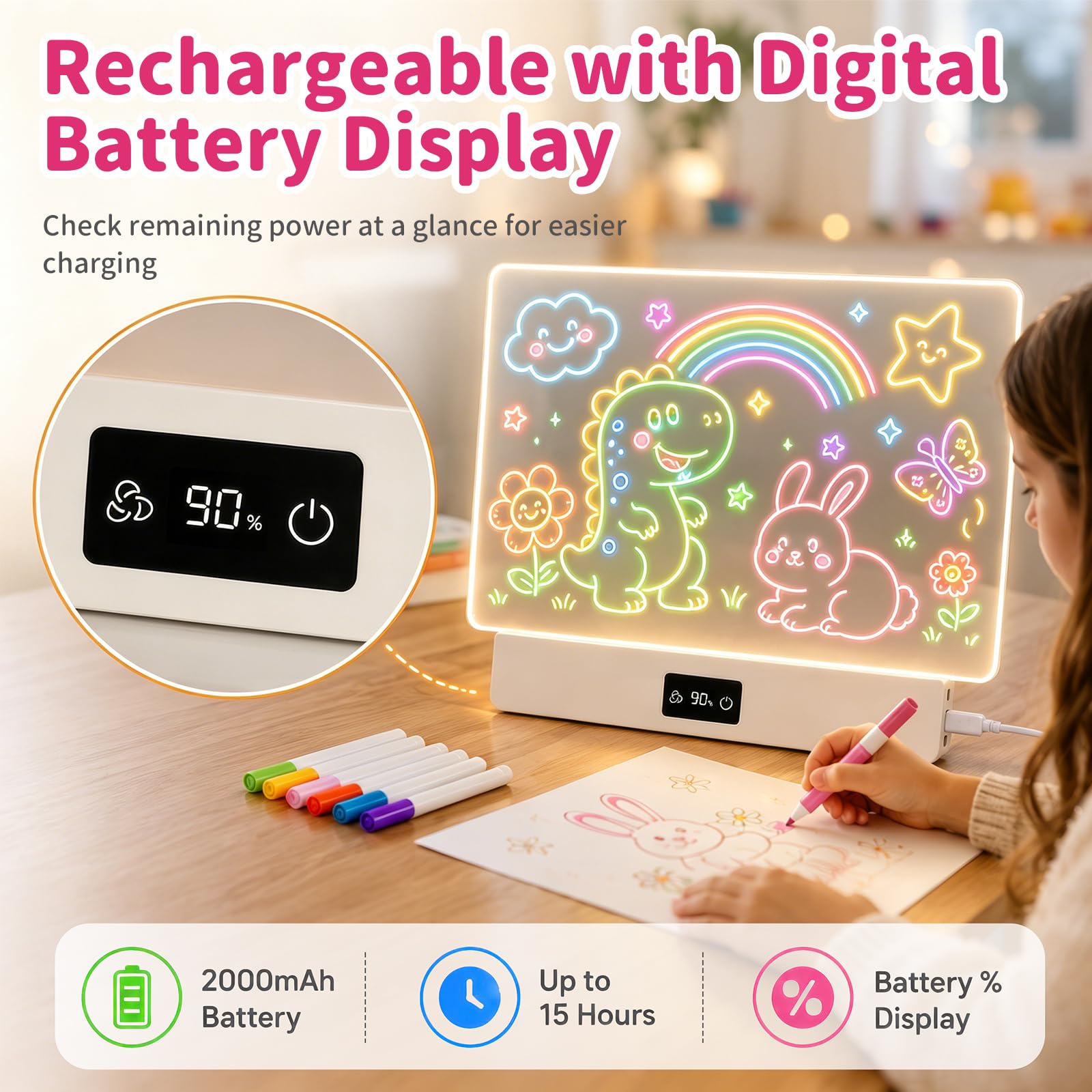 OUTON Lavagna Luminosa LED Bambini con 8 Colori e 3 Modalità di Luce, Tavoletta da Disegno Riutilizzabile con 7 Pennarelli e Modelli, Gioco Creativo per Bambina e Bambino, USB-C