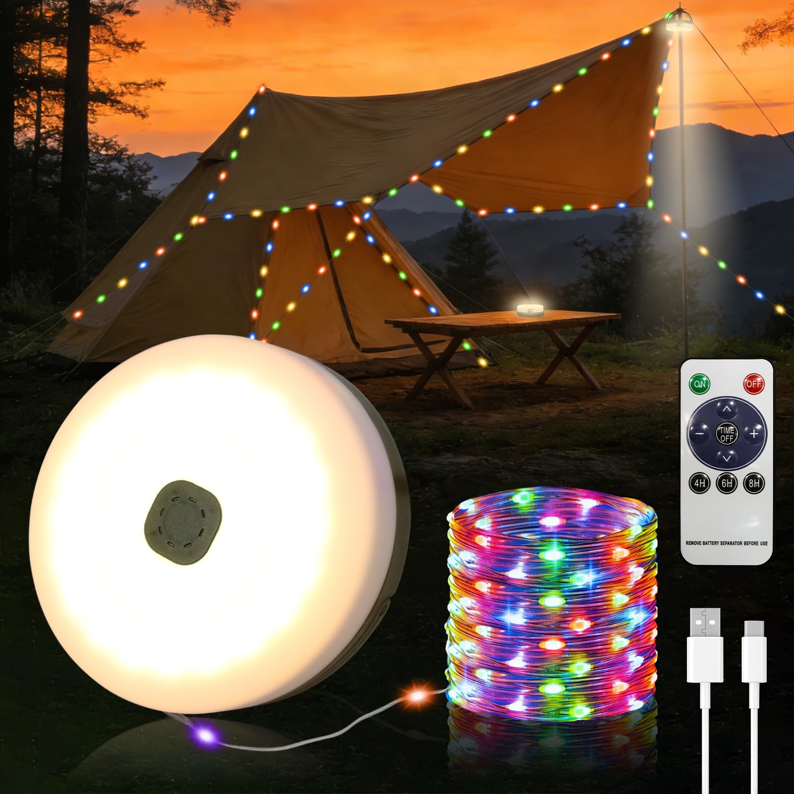 Cadena de luces de camping enrollable solar, 10 m, 3600 mAh, lámpara de camping con mando a distancia, USB, recargable, cadena de luces LED con 5 modos de iluminación, luz exterior para camping