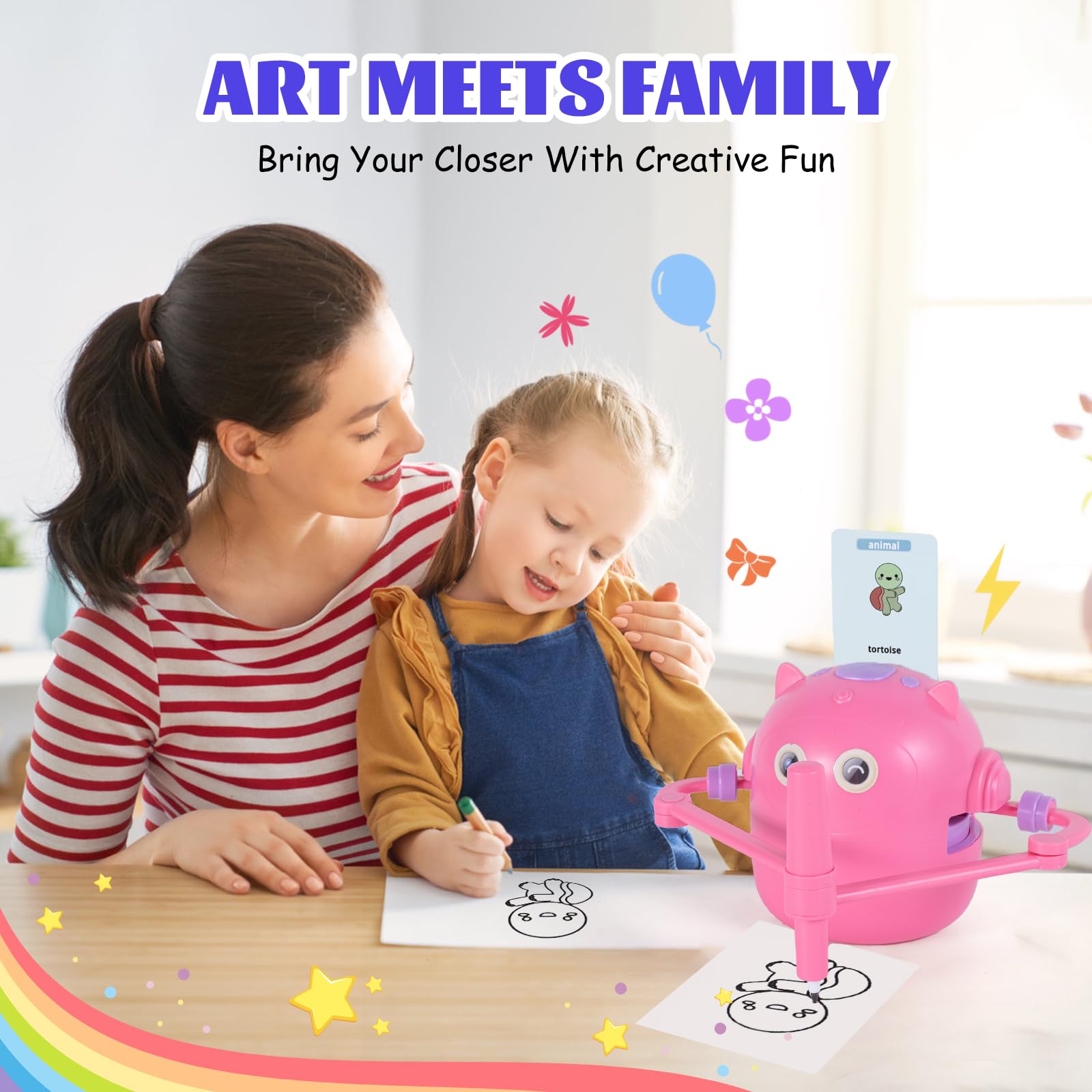 Drawing Robot, Robot da Disegno per Bambini con 100 Carte, Robots da Disegno Che Dipinge, idraw robots Magico Interattivo per Bambini&Bambine (Rosa)