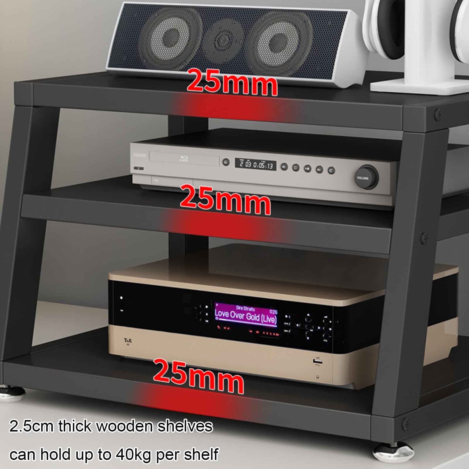 Supporto per lettore multimediale AV a 3 livelli, multifunzionale, per casa, ufficio, amplificatore da scrivania, lettore DVD, supporto stereo con ripiani in legno e telaio in acciaio (A, 40 cm)
