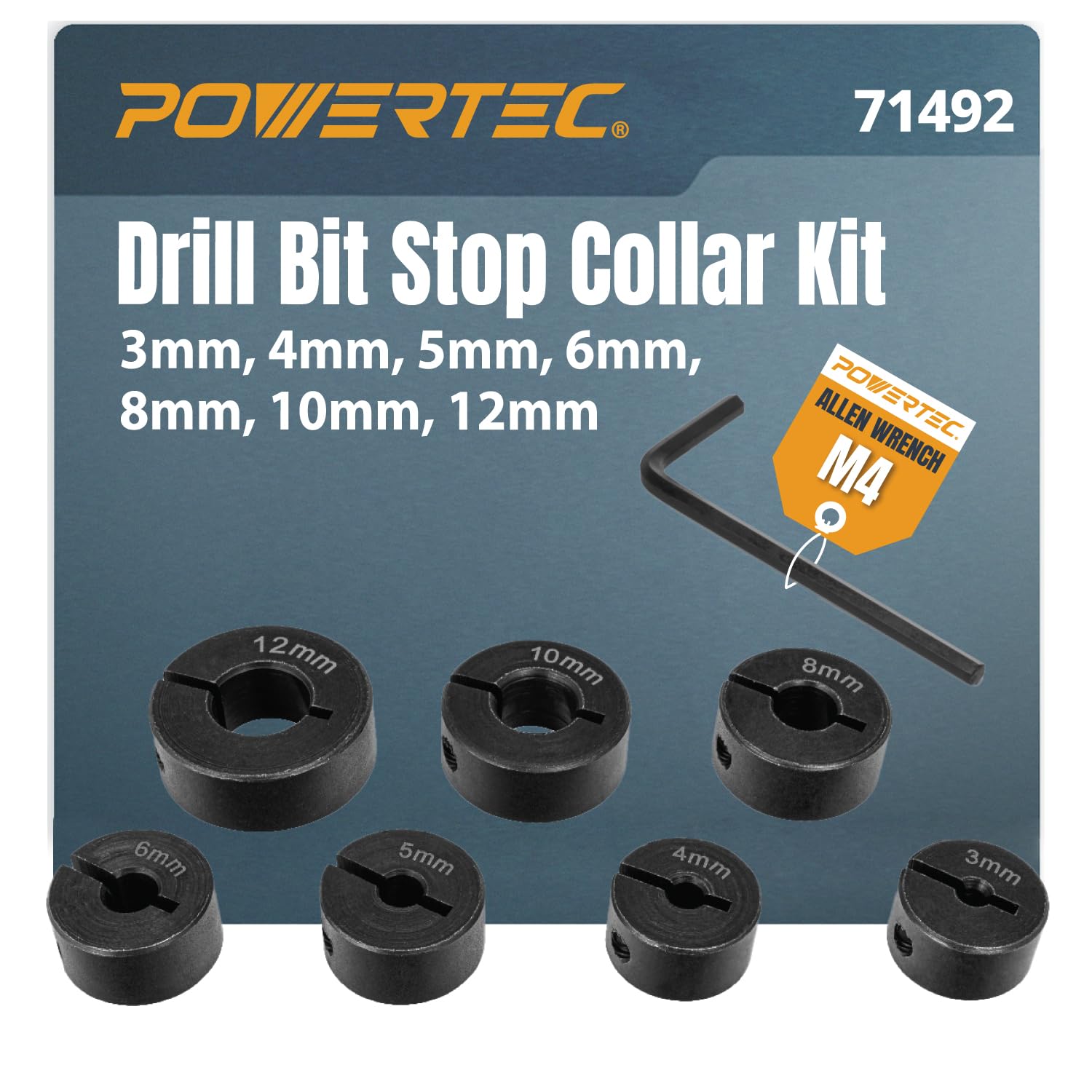 Powertec 71492 Drill Bit Stop Collar W/Split Ring Design And Size Markings