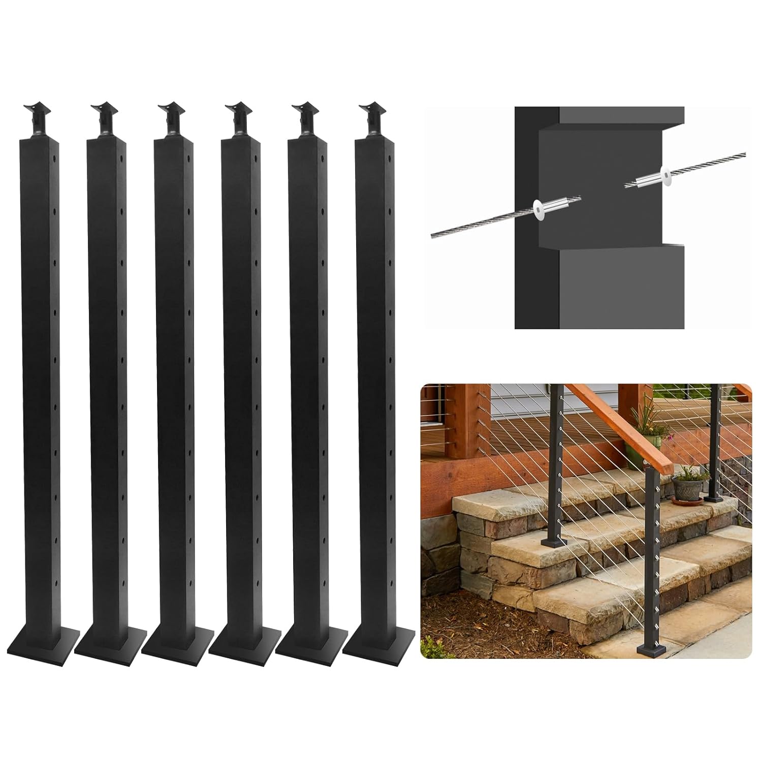 Stair Cable Railing Railing Post - 36" x 2" x 2" - 10 Pre-Drilled Level Holes - Stainless Steel Adjustable Top Curved Bracket Deck Railing Post - Satin Black - 6 Pack…