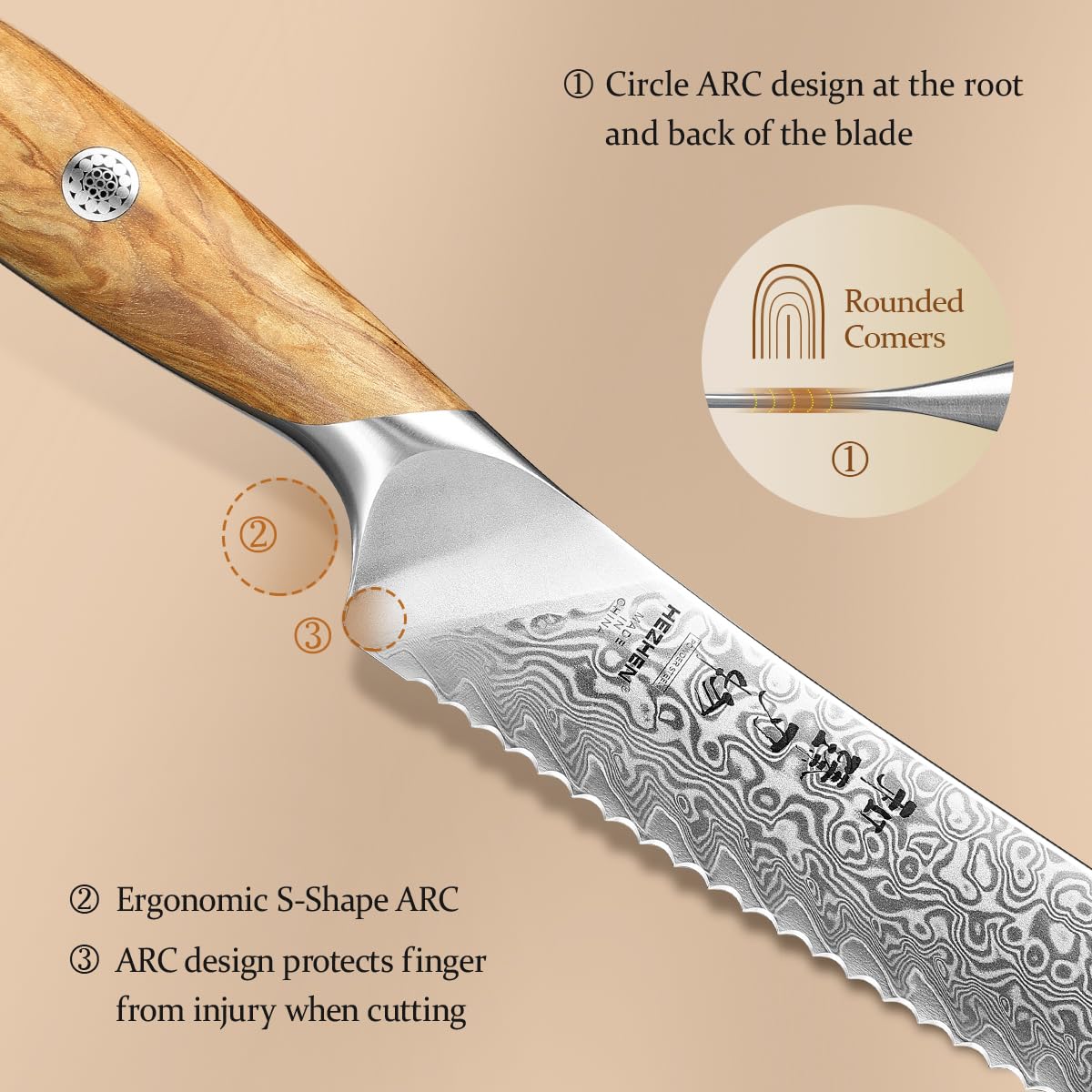 HEZHEN Zestaw noży kuchennych ze stali damasceńskiej 5 sztuk, profesjonalny zestaw noży szefa kuchni ze stali damasceńskiej, nóż Santoku, ergonomiczna rękojeść z drewna oliwnego