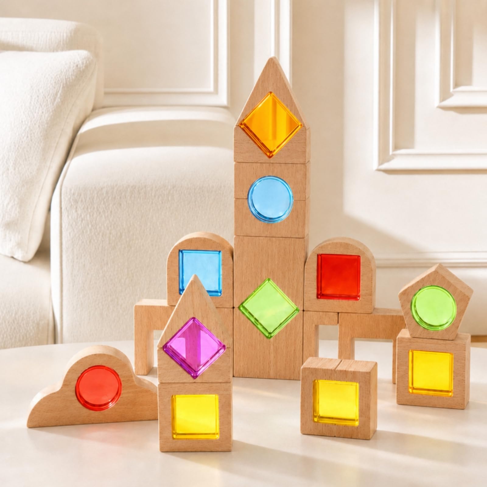 40 Pezzi Blocchi di Costruzione in Legno e Acrilico Educativi Gioco di Costruzioni con Inserti Acrilici Creativo Blocchi Legno Traslucidi per Casa