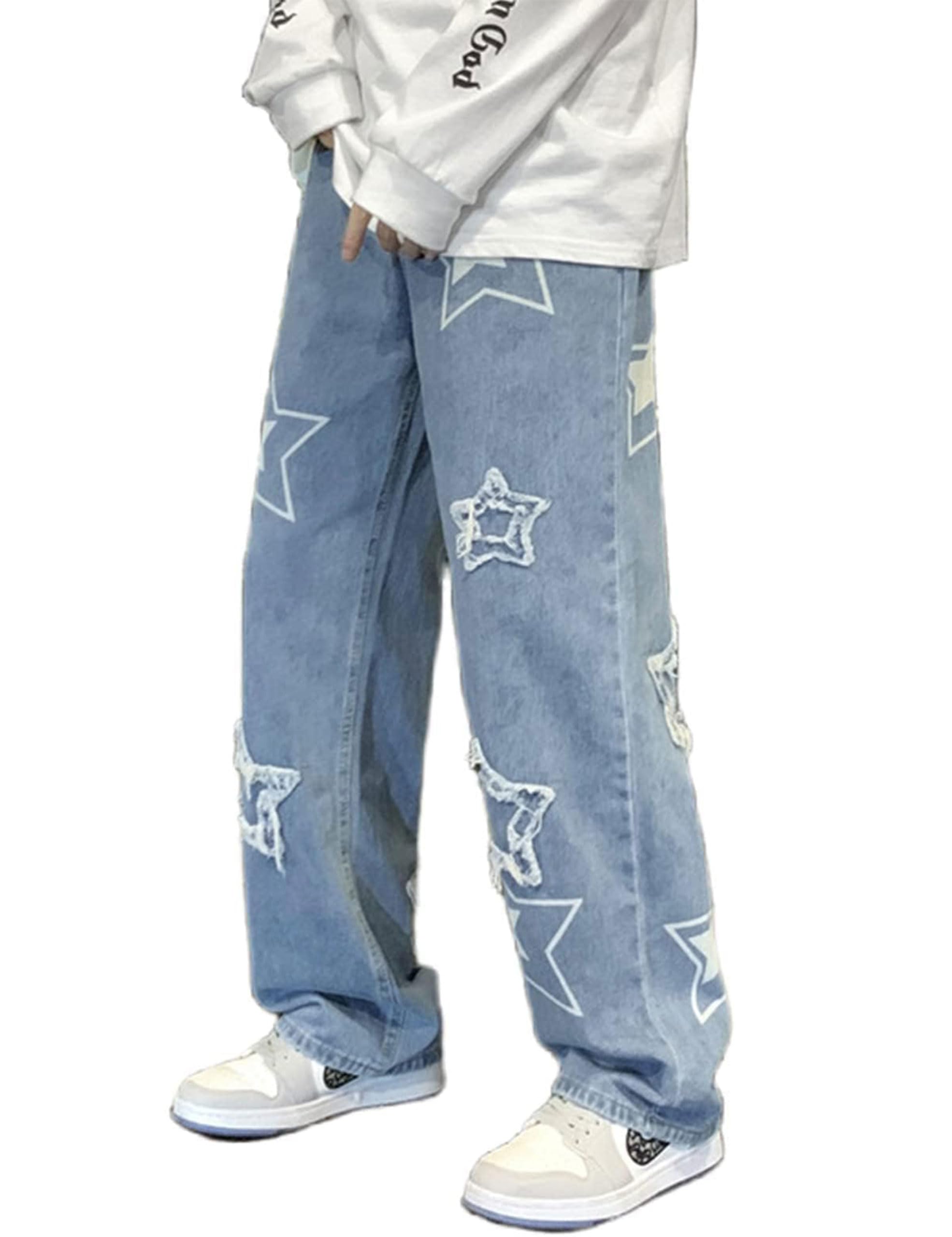 FCOOLYEET Men's Y2K Jeans Hip Hop Baggy Star Denim Pants Grunge Aesthetic Streetwear Jeans Relaxed Fit Trousers