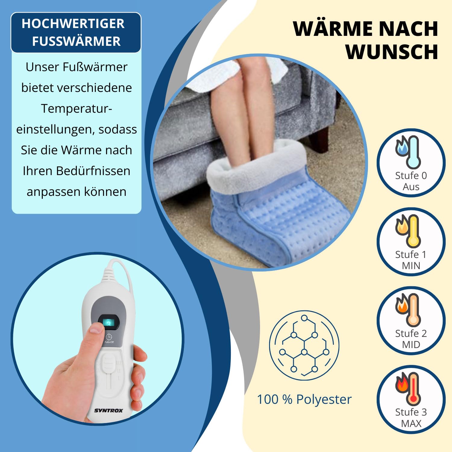 Syntrox Germany Atmungsaktiver Elektrischer Fußwärmer Wasilla, Fußheizung für den Winter,Hausschuhe Schuhe, beheizter Fußwärmer, Massagegerät, Heizung, 100 Watt, Fernbedienung, 3 Temperaturstufen