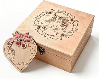 AIKEAIKESI Premium Unicorn Baby Keepsake Box Gift Set for Girls, Double-Sided Hello World & Milestone Disc, Solid Beech Wood Hinged Memory Box, Baby Shower Newborn Gift
