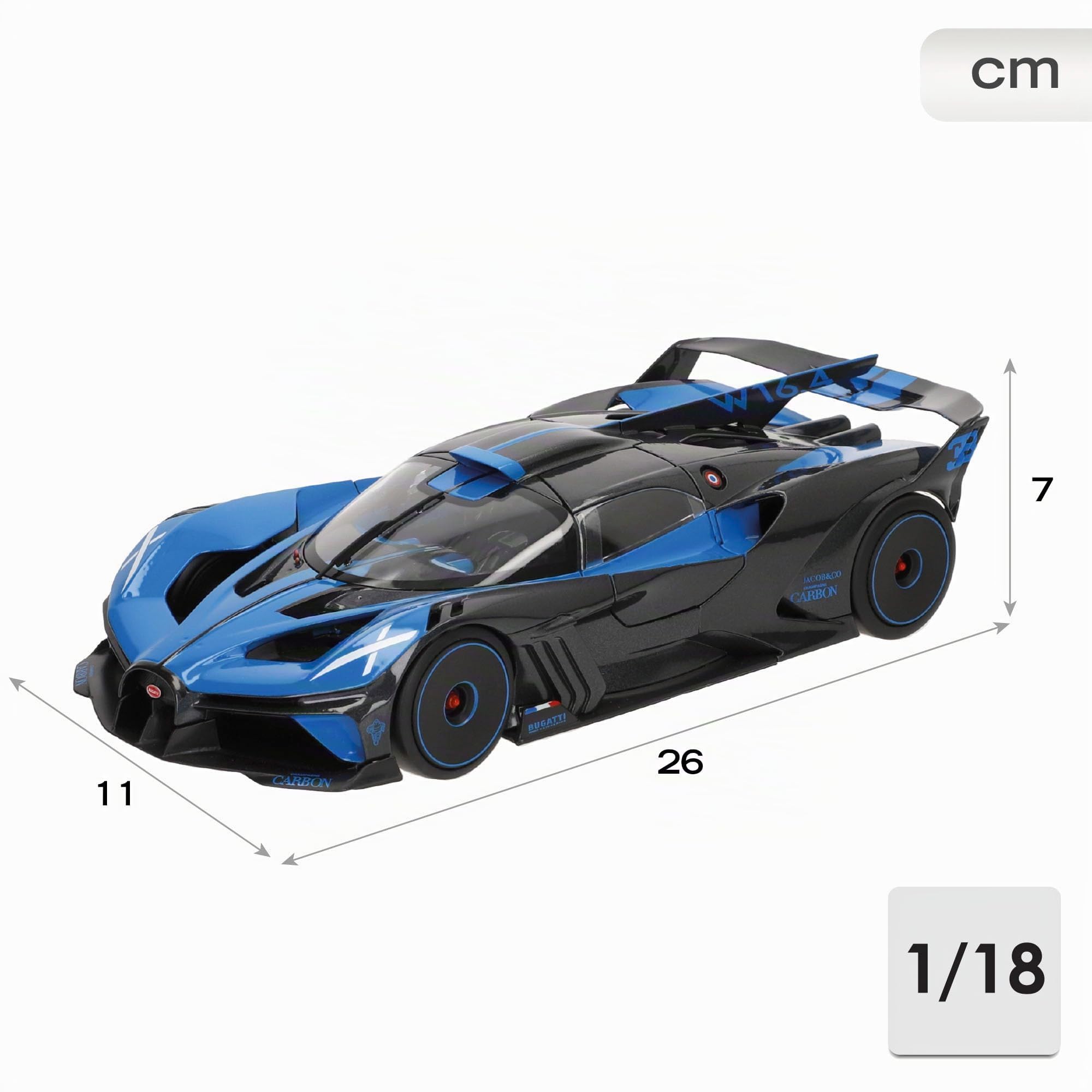Burago Maqueta coche Bugatti Bolide, Escala 1:18, Diseño aerodinámico en azul y negro, Fabricado en die-cast metal, Puertas y capó de apertura manual, Interior detallado (78096)