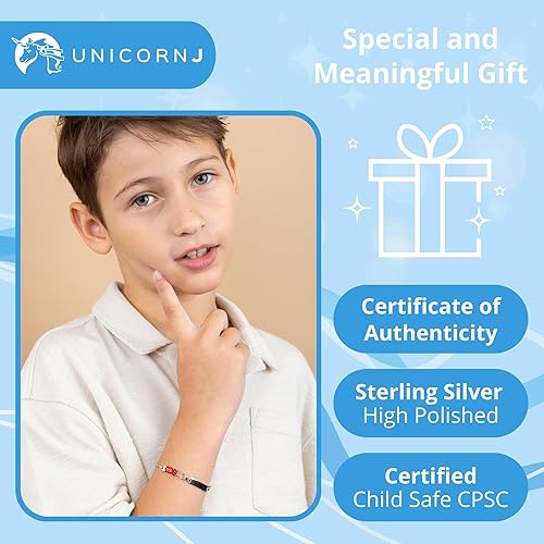 Miniatura 4 de UNICORNJ 925 Italy Sterling Silver Child or Baby Name Bracelet Girls Boys, Personalized Engraved Kids ID Bracelets, 6.5" Figaro Chain, Enamel Charm