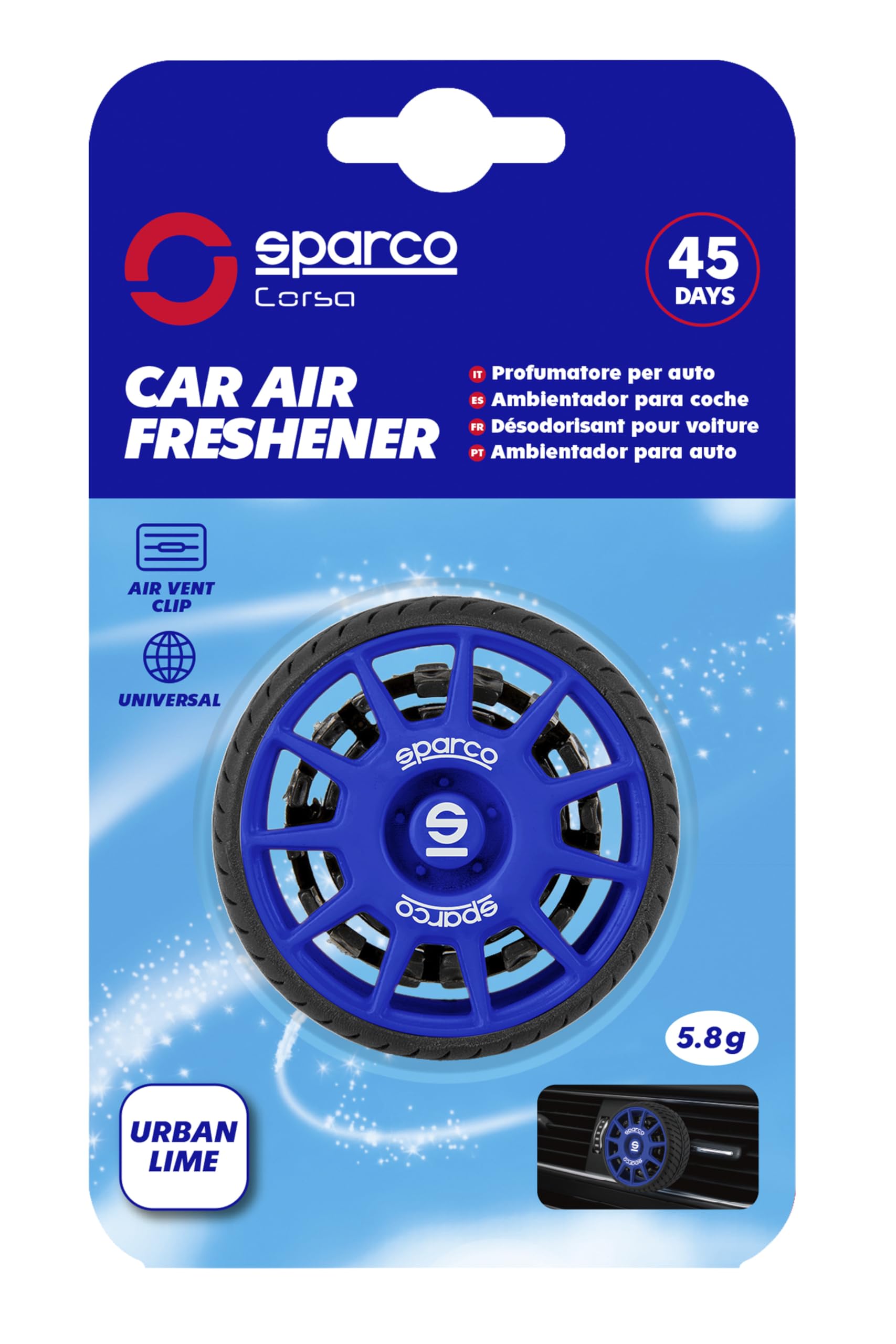 Sparco Gel Car Air Freshener with Vent Clip, Wheel and Sport Rim Design, Urban Lime Fragrance, Fresh Citrus Scent with Lime Notes, Up to 45 Days, 5.8 Grams