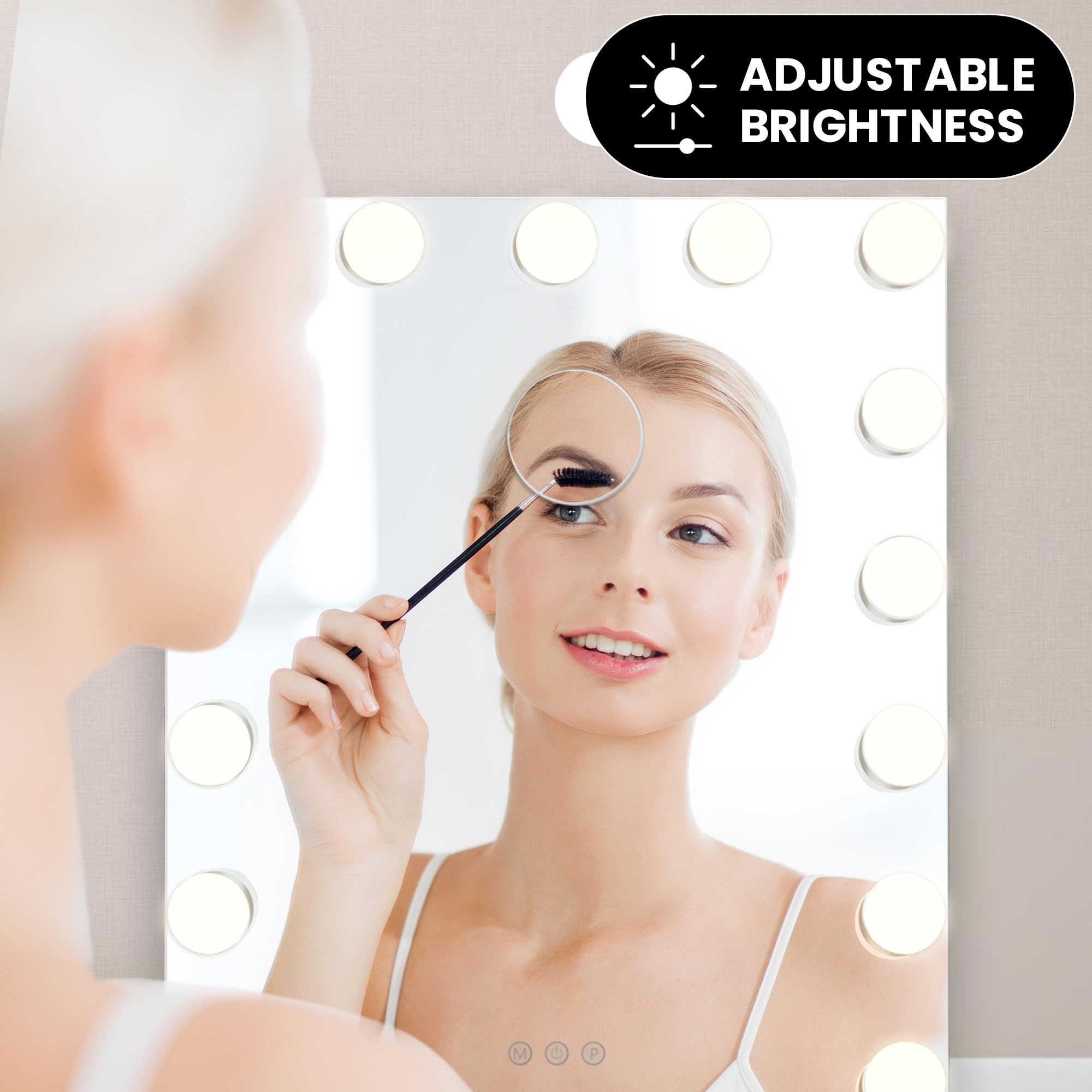 Bayt Specchio Trucco con luci LED – Specchio Hollywood Bianco 43x60 cm con 15 Lampadine Dimmerabili, 3 Tonalità di Luce (calda, fredda, naturale), Touch Screen & Specchietto Ingranditore 10x