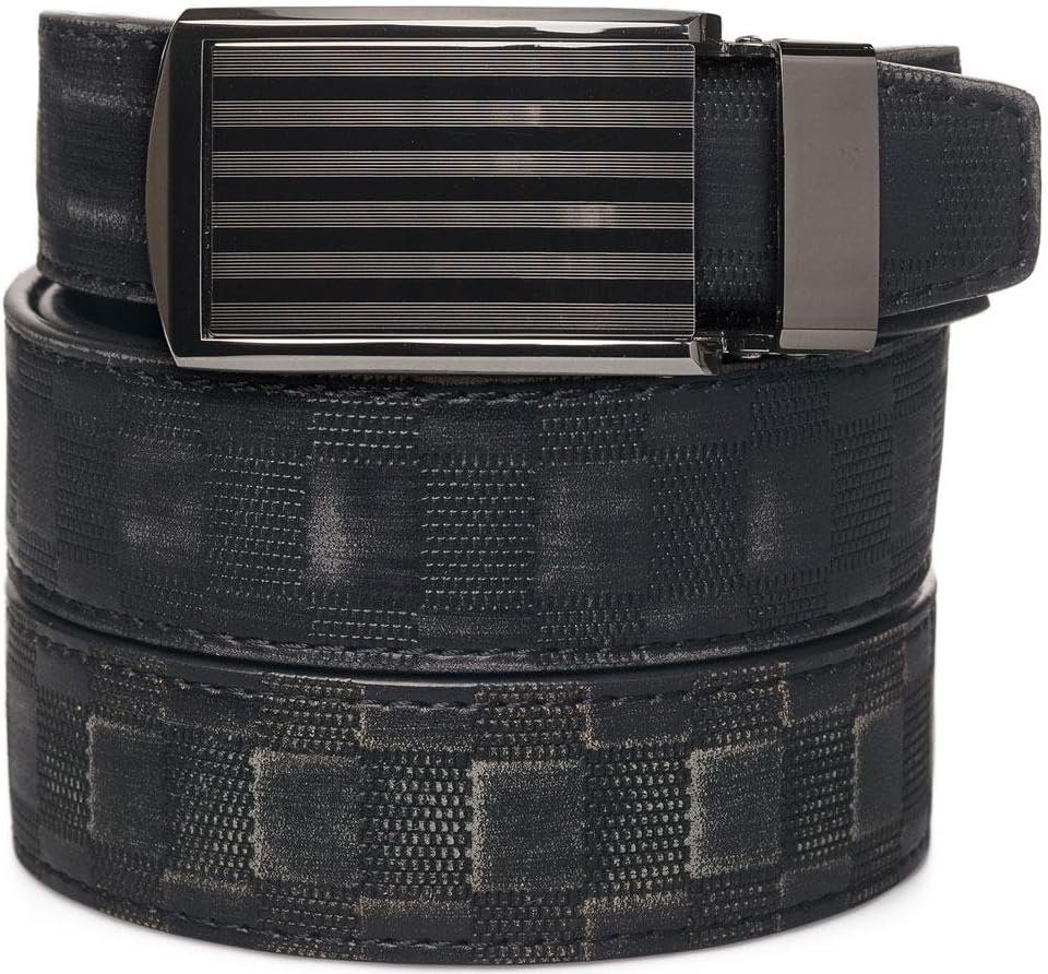 SlideBelts Men's Classic Belt with Premium Buckle (Distressed Checkered Leather with Bar-Striped Buckle (Animal-Friendly), One Size)