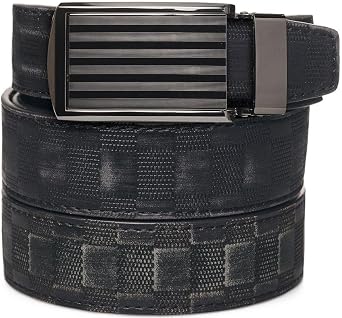 SlideBelts Mens Classic Belt with Premium Buckle Distressed Checkered Leather with Bar-Striped Buckle Animal-Friendly, One Size