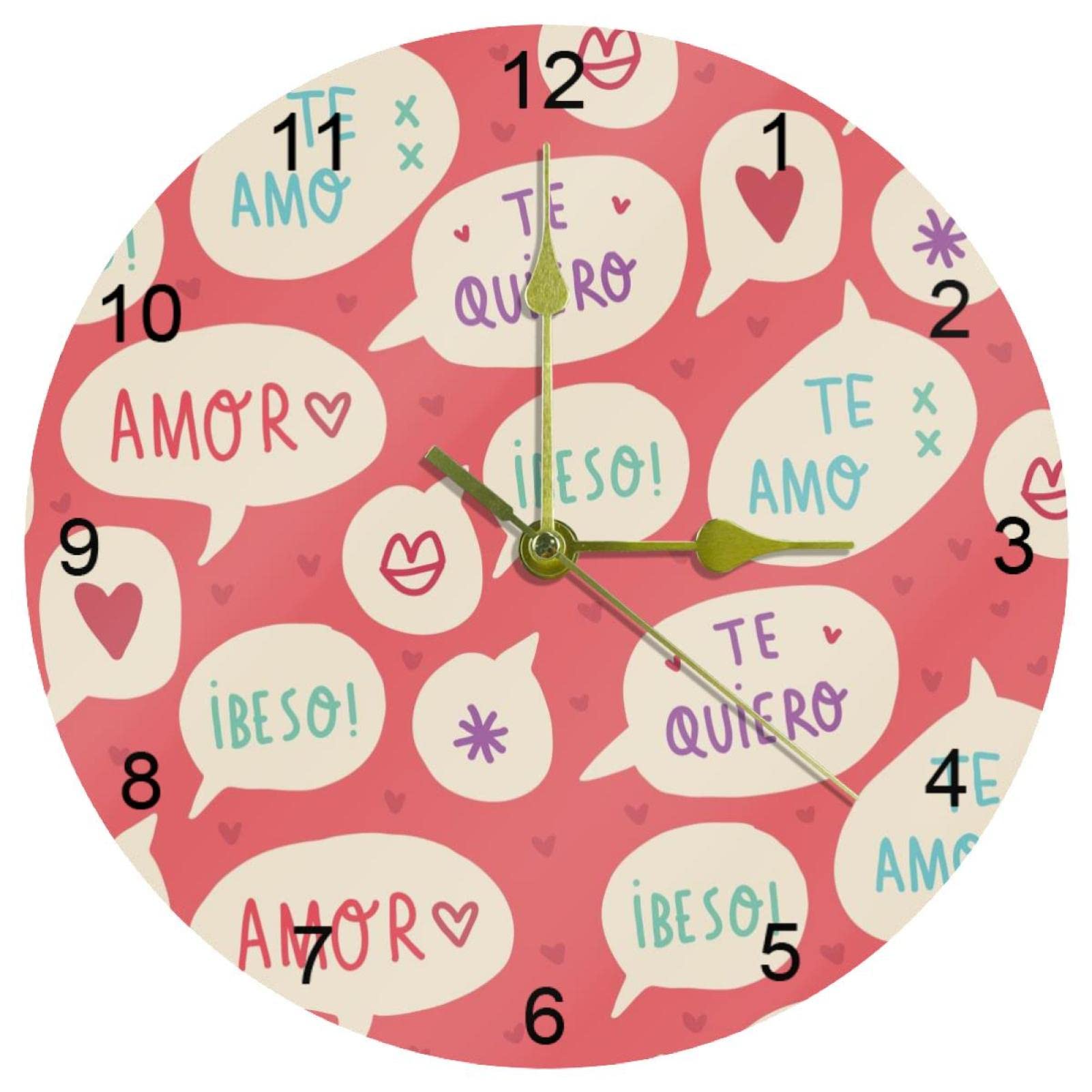 Horloge murale rose en forme de cœur de 25,4 cm ronde et silencieuse