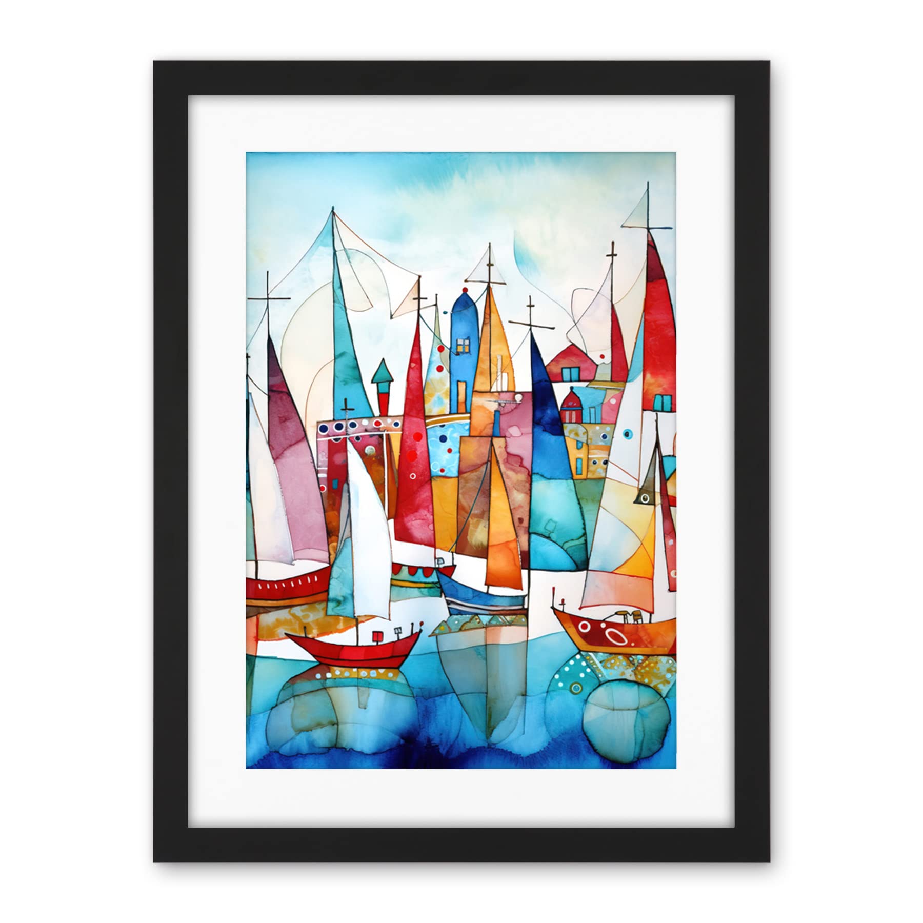 Artery8 Harbour Boats Abstract Folk Art Watercolour Painting Artwork Framed Wall Art Print 18X24 Inch