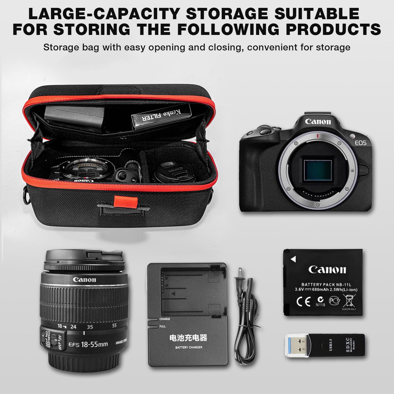 Custodia rigida per il trasporto compatibile con fotocamere reflex Canon EOS Rebel R100 / R50 / T7 / R5 / R6 Mark ll / R7 / R8 / 90D / 5D Mark IV, obiettivo 18-55 mm, scheda SD, batteria e cavo