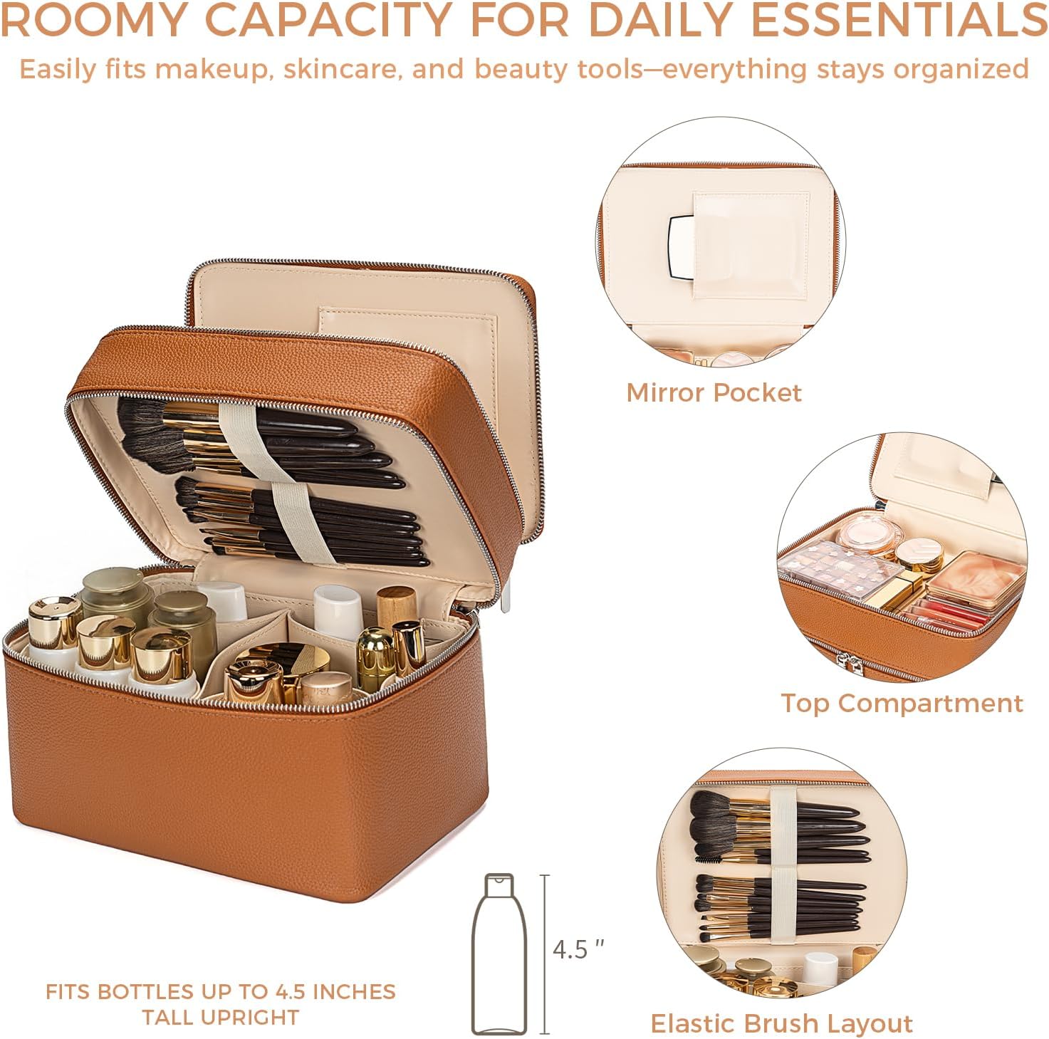 BAGOK Double Layer Makeup Vanity Case, Large Capacity Cosmetic Bag with Removable Divider & Brush Organizer, Travel Toiletry Bag for Women, Portable PU Leather Organizer with Handle