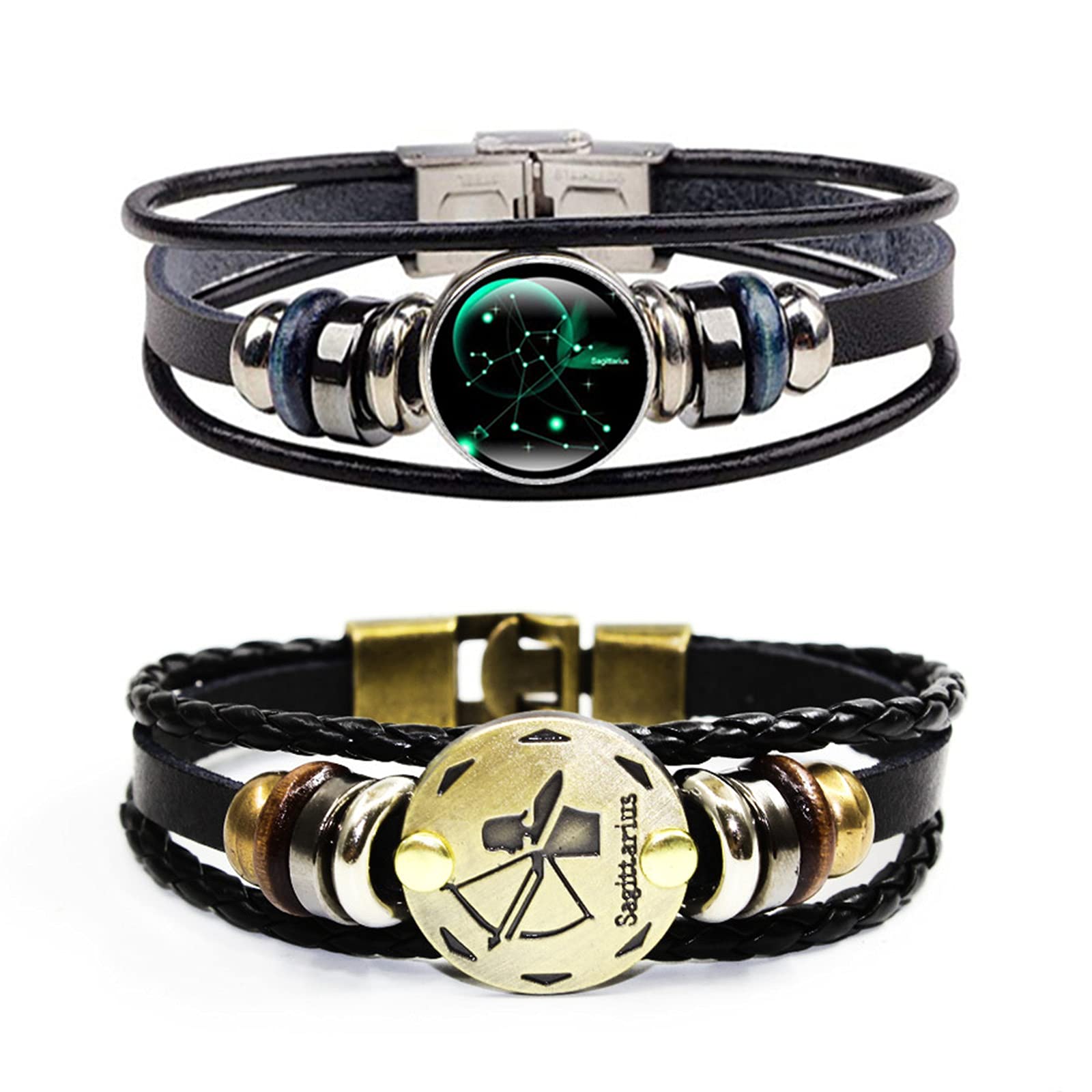 Dcfywl731 2Pcs Zodiac Gifts Bracelet for Women Men Christmas Gifts 12 Constellation Beaded Hand Woven Leather Bracelets Braided Punk Chain Cuff Men Gifts for Christmas
