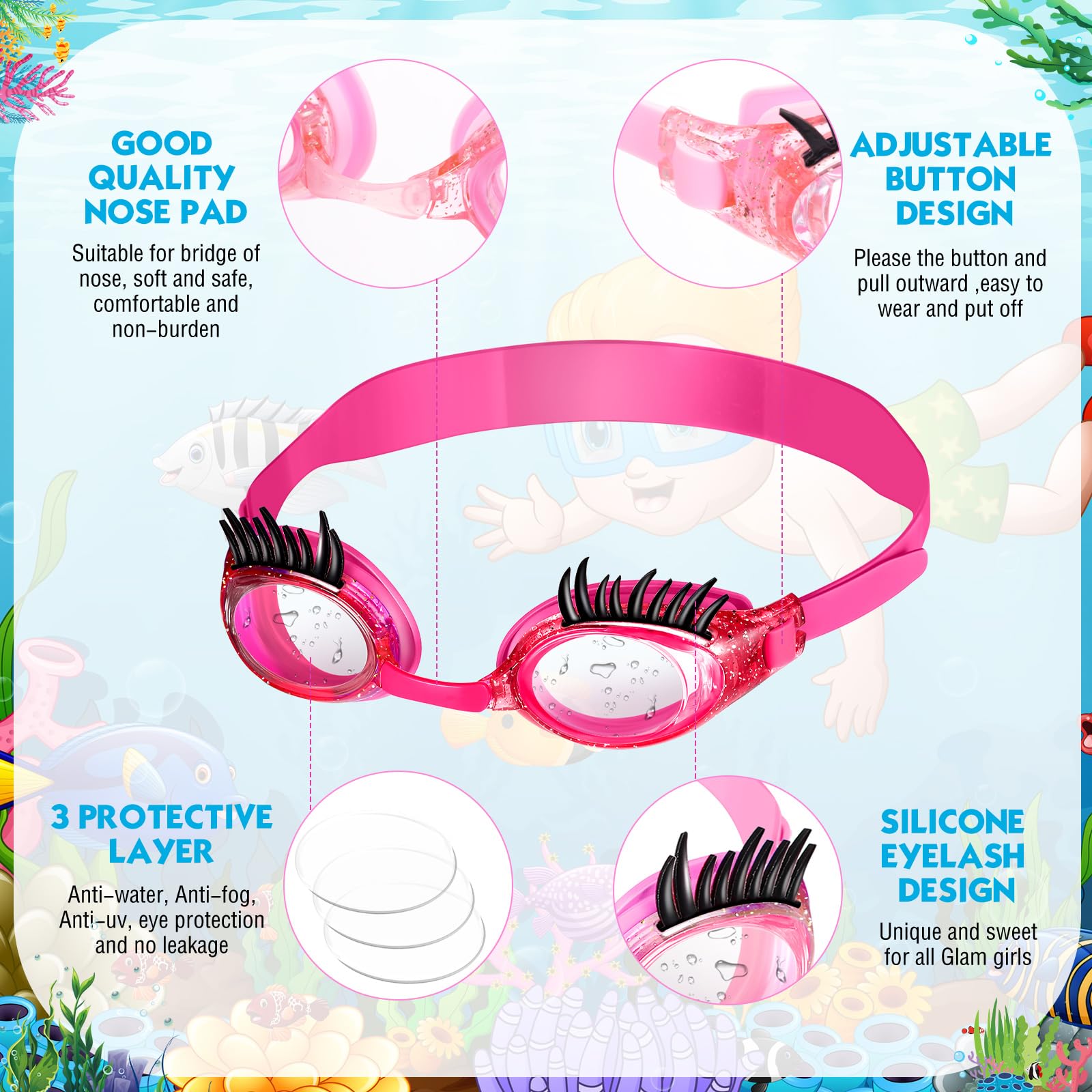 Konohan Lot de 2 paires de lunettes de natation amusantes pour filles - Anti-fuite - Anti-buée - Anti-buée - Pour extensions de cils
