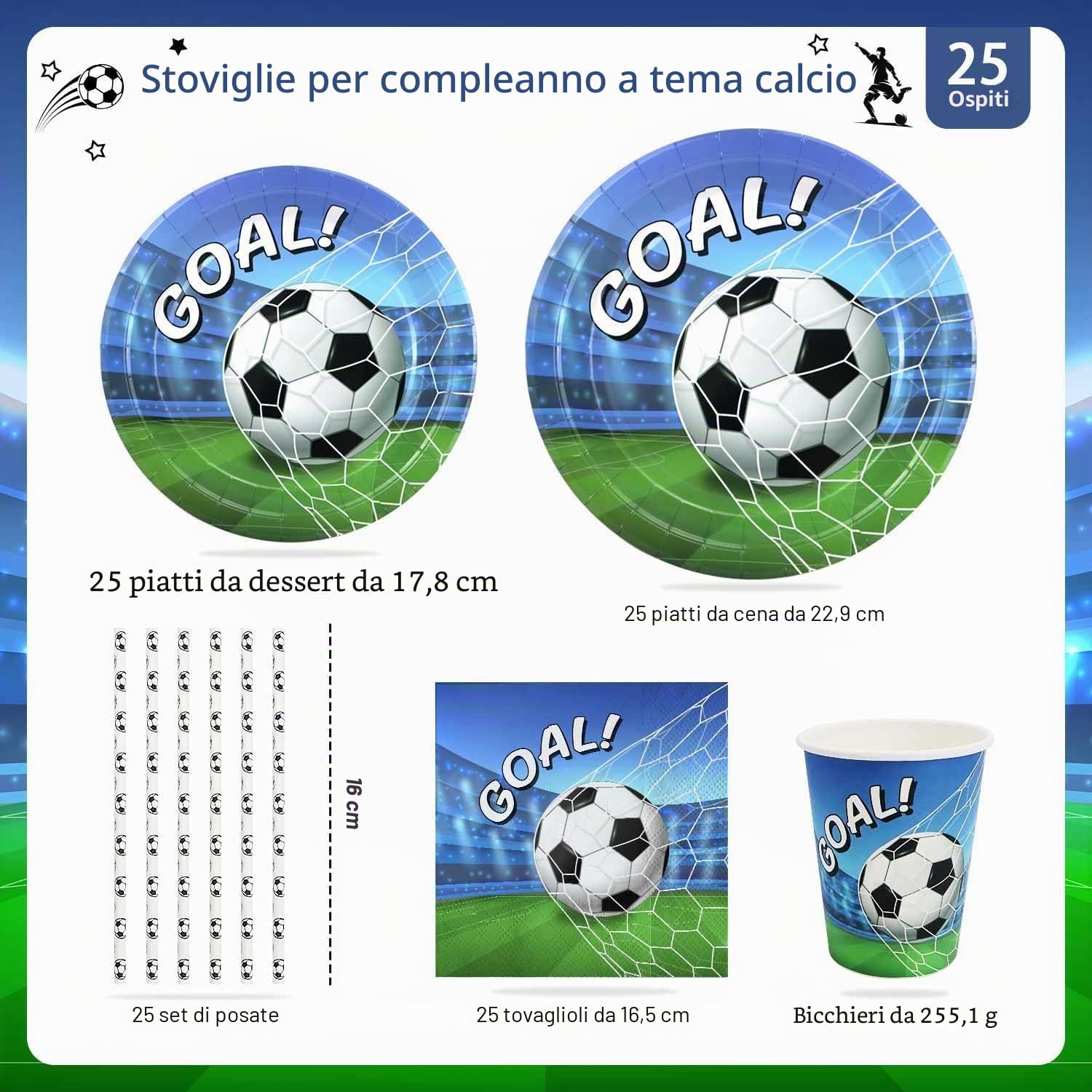 Piatti Calcio Compleanno Bambini per 25 Ospiti, 125 Pezzi Piatti e Bicchieri Tema Kit Compleanno Calcio Decorazioni per Feste Tema Sportivo Ragazzi