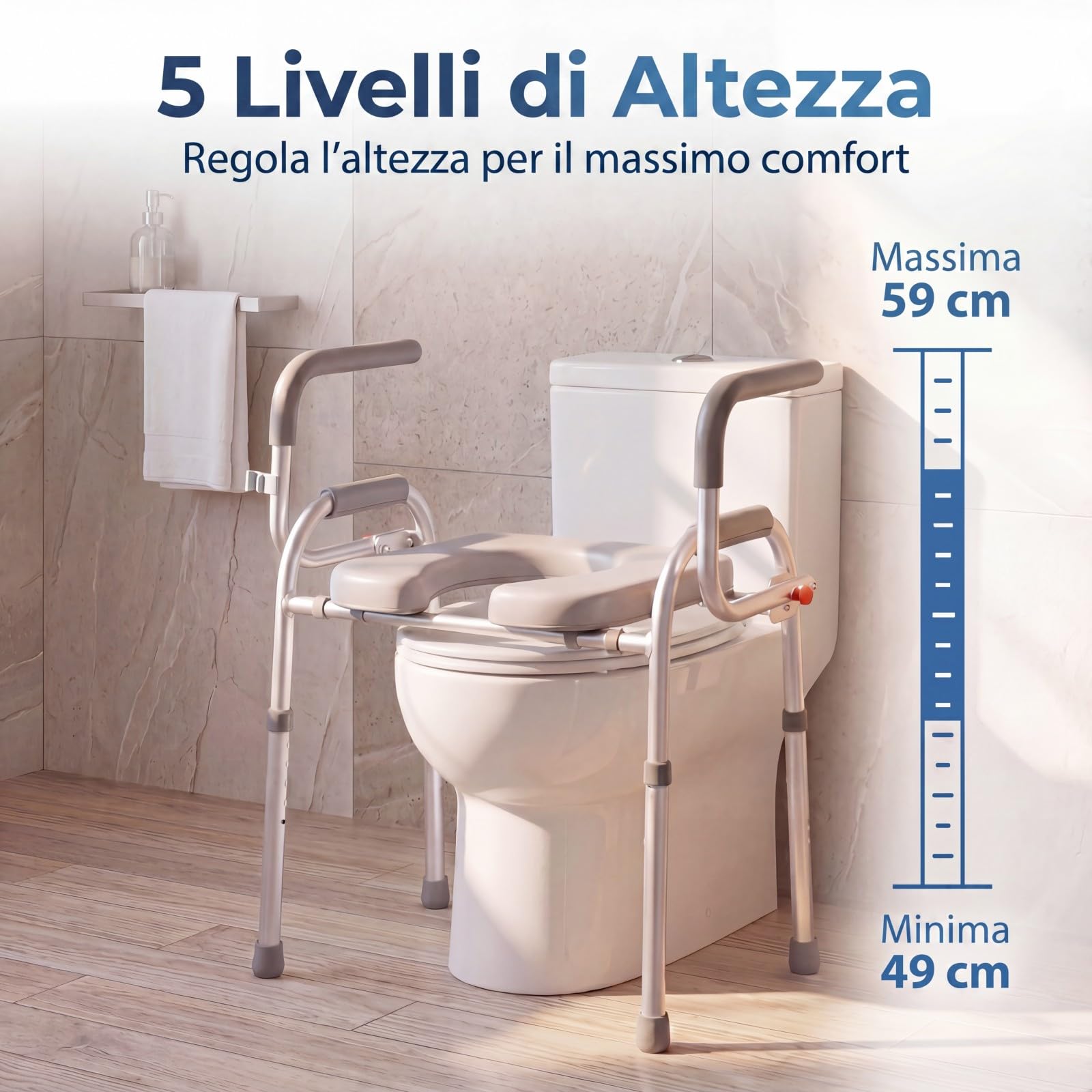 RELAX4LIFE Rialzo WC per Anziani, Lega di Alluminio, Maniglia Antiscivolo, Altezza Regolabile da 49 a 59 cm, Supporto per Doccino, Carico max. 136kg, Sedia WC Disabili