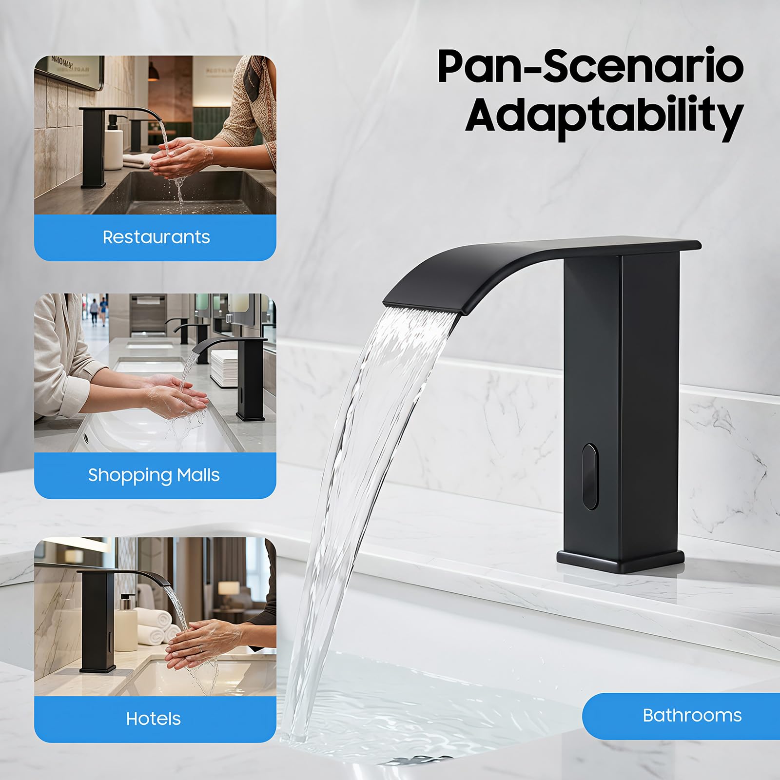 Miscelatore per lavandino da bagno con cascata acqua calda/fredda, rubinetto con sensore a infrarossi e regolazione della temperatura per lavandini da bagno e cucina (nero)