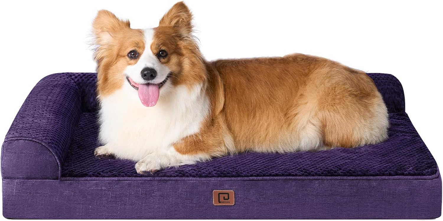 EHEYCIGA Memory Foam Large Dog Bed, Orthopedic Dog Beds for Large Dogs, Waterproof Egg Crate Dog Couch Bed with Washable Removable Cover and Non-Slip Bottom, L Shaped Dog Bed, Purple 35x23 Purple