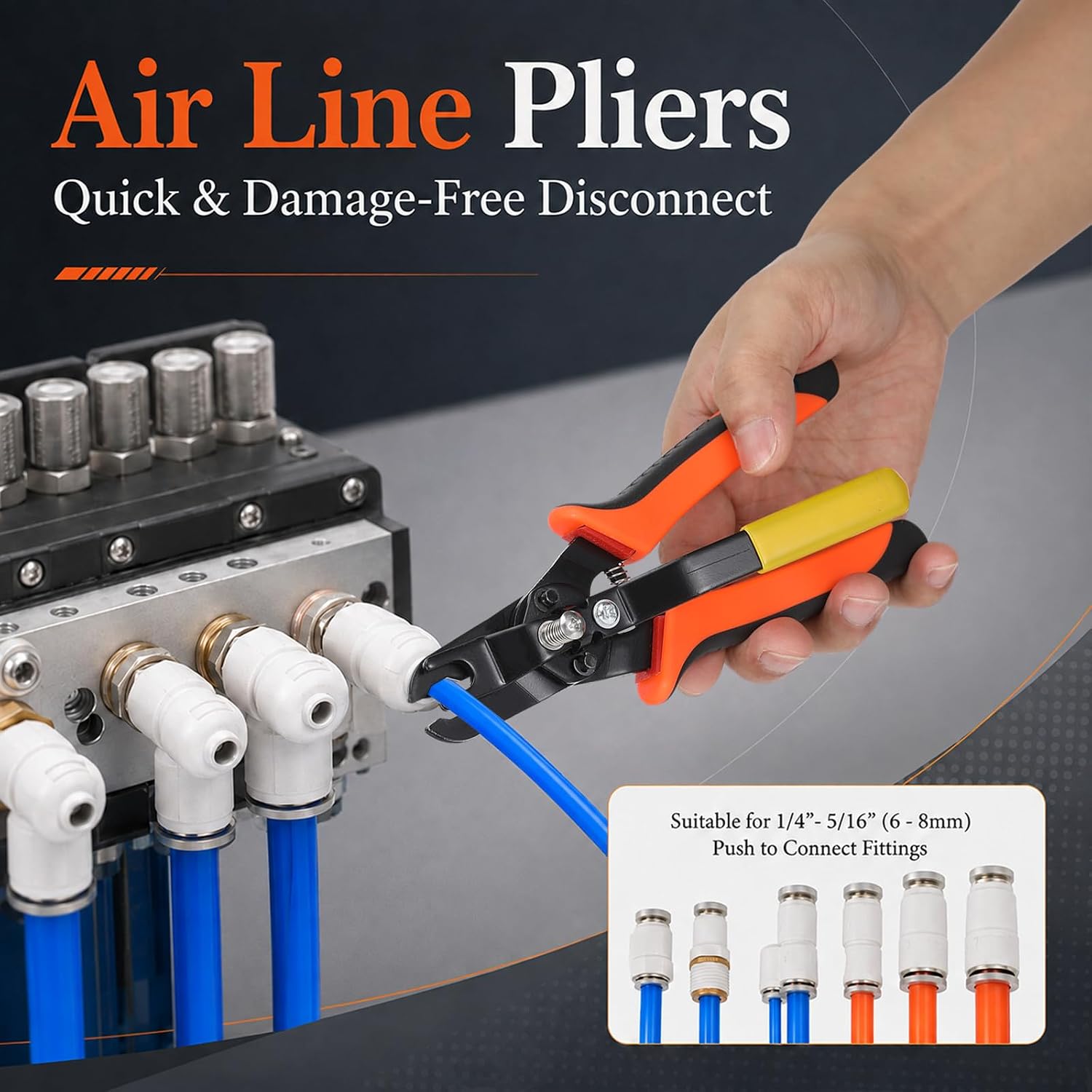 Push-to-Connect Fitting Disconnect Tool for 1/4"-5/16" Hose |Pneumatic Tube Removal Pliers, Comfortable Non-Slip Grip, Auto Rebound Spring, Grooved Jaws, Quick Disconnect
