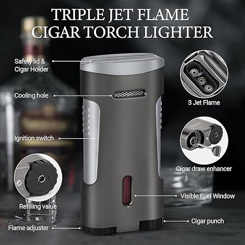 Miniatura 6 de Scotte Estuche de cigarros para 3-4 purosencendedor de antorcha de cigarros con soporte para puros, ponche de puros y potenciador de extracción de