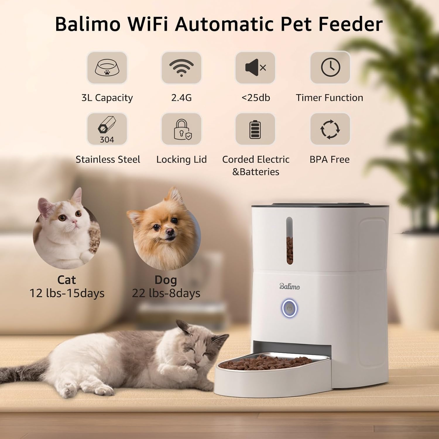 Balimo Bezprzewodowy automatyczny karmnik 3L z kontrolą aplikacji, automatyczne karmienie WiFi dla kotów, automatyczny karmnik dla zwierząt domowych