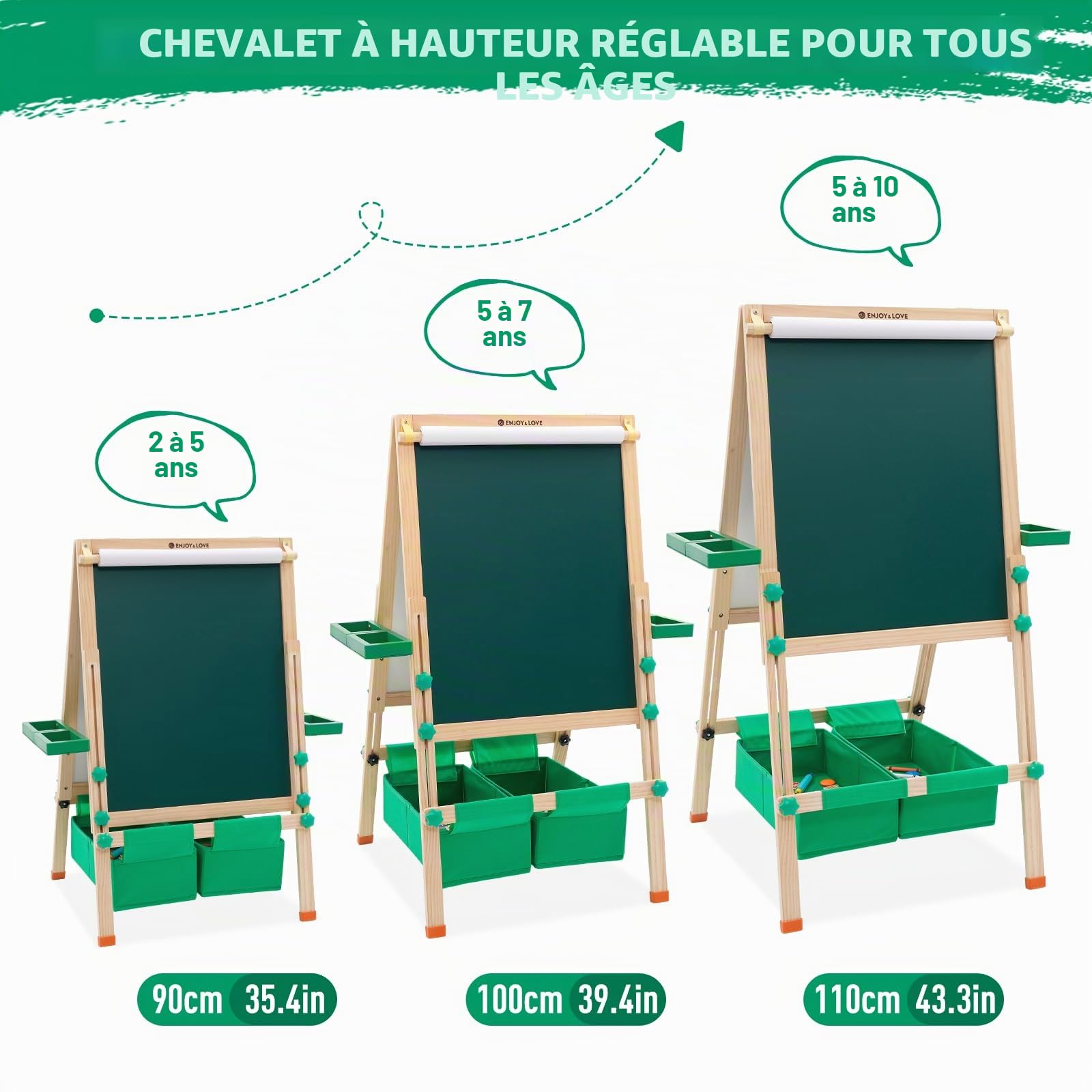 Chevalet Pour Enfants, Chevalet en Bois Réglable en Hauteur Pour Enfants, Plateau Pour Enfants Double Face avec Support de Rangement, Rouleau de Papier, Tableau Blanc,Lettres Magnétiques, Pliable