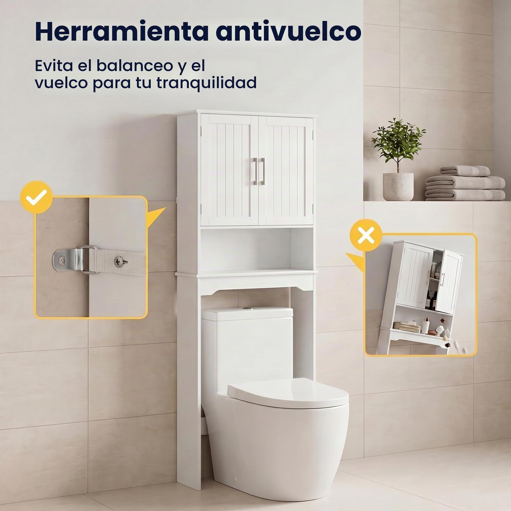 LIFEZEAL Armario sobre Inodoro, Mueble Alto de baño, Estante con 2 Puertas balda Ajustable, Organizador para baño, Lavadora, 63 x 23 x 168 cm