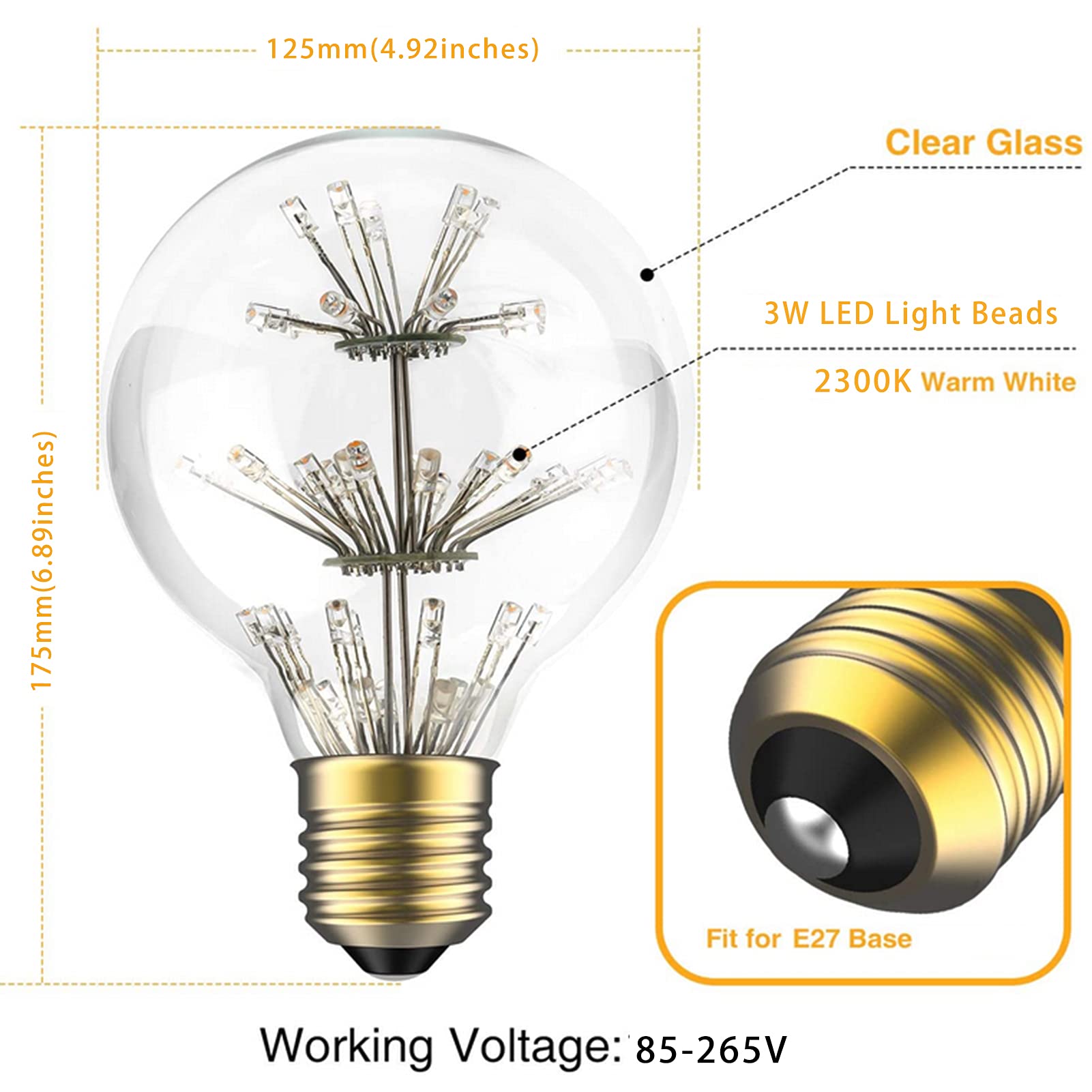 Bombilla LED nostálgica E27 3W Retro Edison 2300k amarillo cálido G125 bombilla esférica grande Gypsophila no regulable