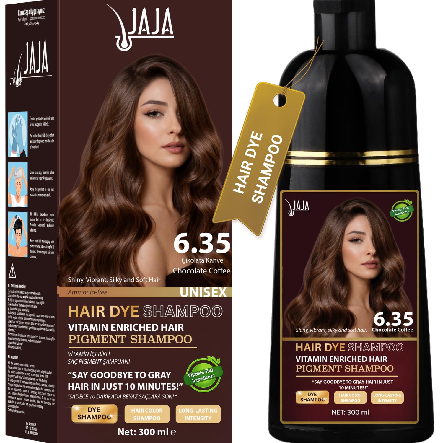 jaja Chocolate Coffee Hair Dye Shampoo for Gray Hair Coverage, Ammonia-Free Semi-Permanent Hair Color Shampoo for Women & Men, Easy 10-Minute Application, 10.14 fl oz