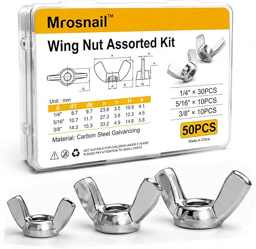 50 PCS Wing Nuts Assorted kit 1/4"-20 5/16"-18 3/8"-16 SAE Steel 3 Size Wing Nut Fasteners,Carbon Steel Zinc Plated Butterfly Wingnuts 1/4 Inch, 5/16 Inch,3/8 Inch,Hand Twist Secure Fasteners