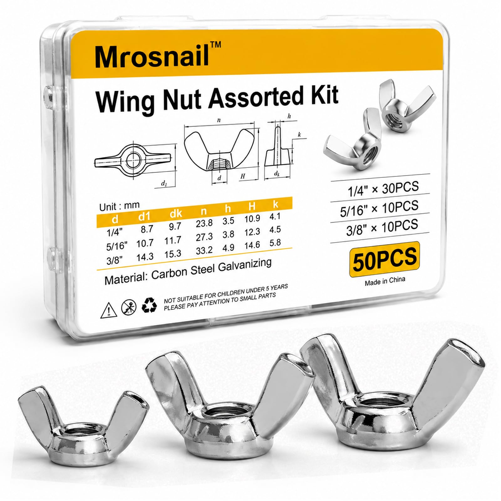50 PCS Wing Nuts Assorted kit 1/4