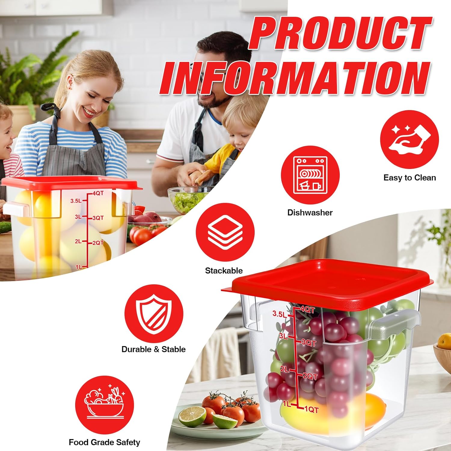 Square Food Storage Containers with Lids 4-Pack, Lock-Tight Seal for Flour, Sugar, Cereal, Keep Food Fresh, BPA-Free Stackable Kitchen Canisters with Measurements (Red, 4QT-4PACK)