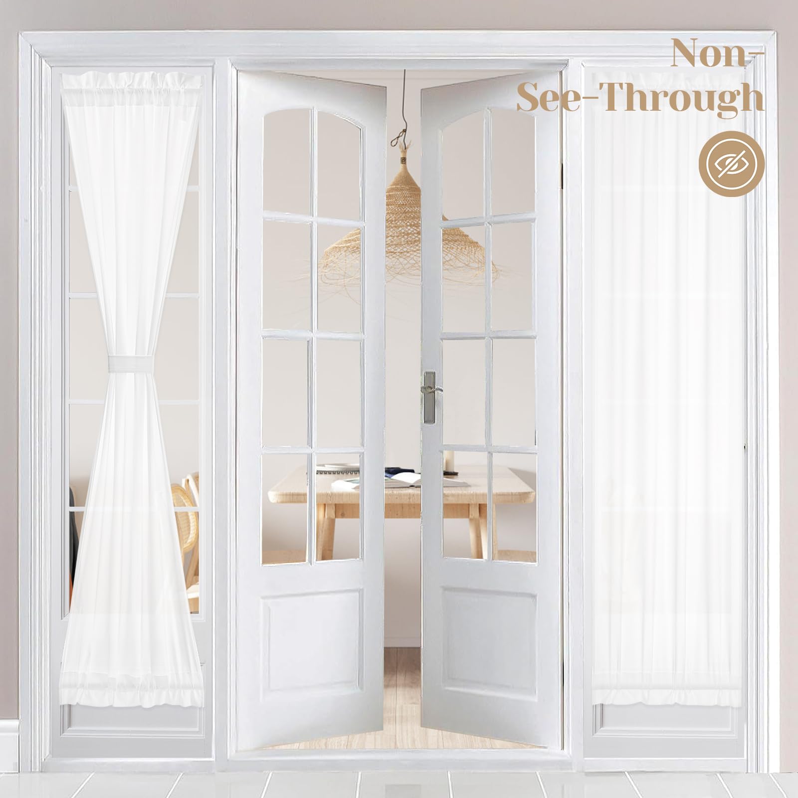 HOMEIDEAS Non-See-Through French Door Curtains Set of 2 for Front Door, Light Filtering Privacy Semi Sheer Window Curtains with Rod Pocket and Tie Back, White, 26W X 72L Inch