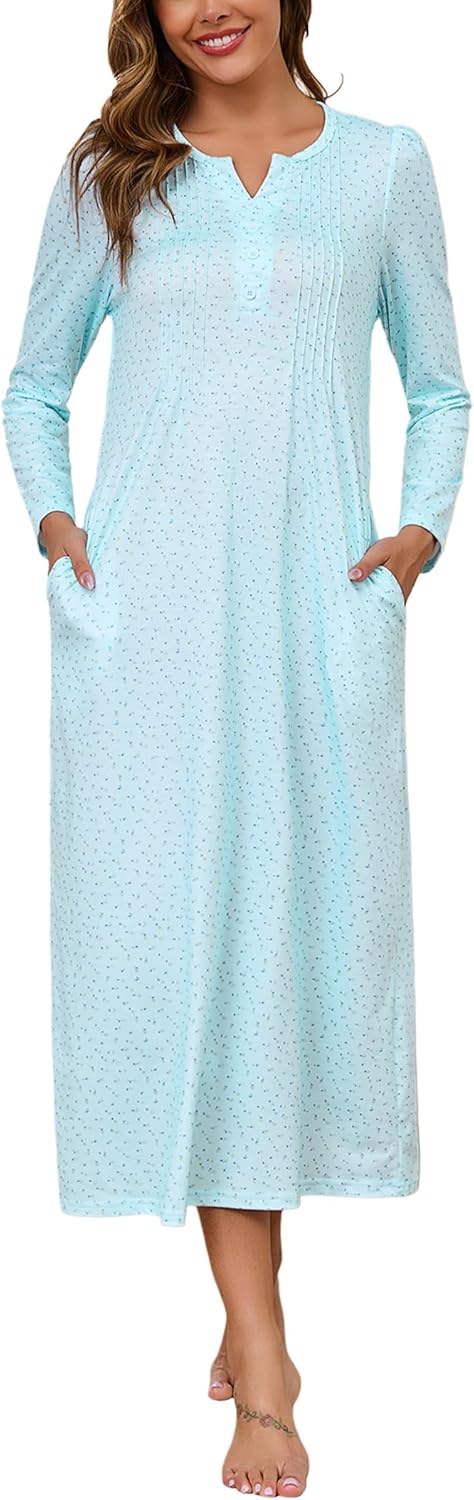 Marvmys Womens Cotton Long Sleeve Nightgowns Soft Ladies Sleep Shirts V Neck Full Length Night Shirts Sleepwear with Pockets