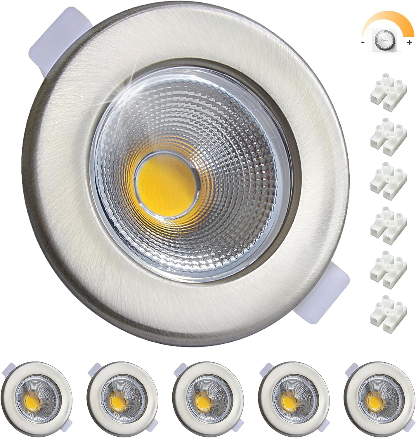 6X Focos Empotrados LED Regulables 7W Set, 230V, Redondos de Acero Inoxidable Cepillado, Luces de Techo Blanco Frío 5000K, 600LM, Empotrables de 65-85mm.