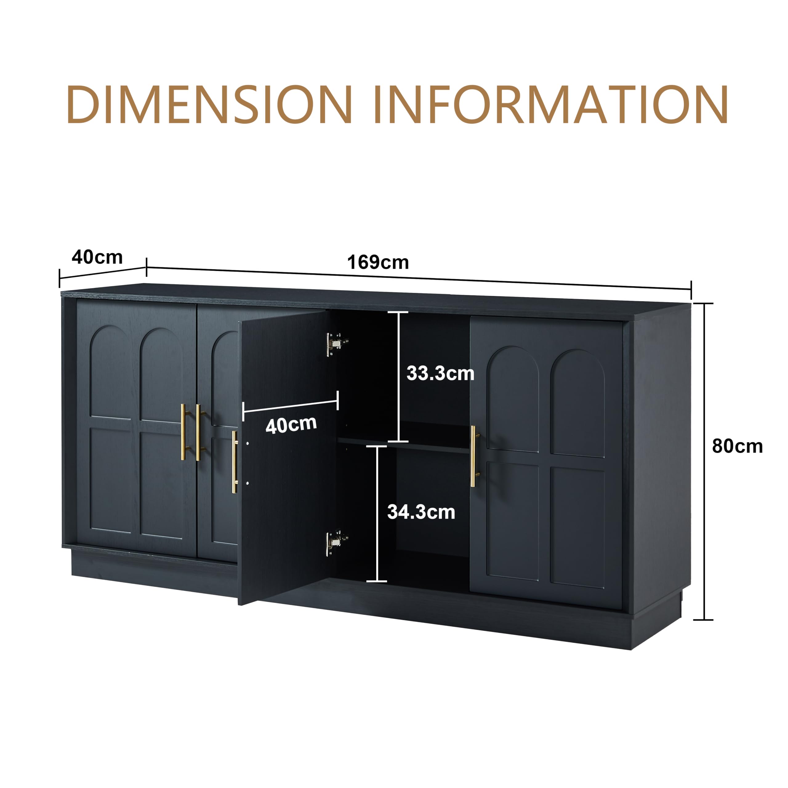 BTM Extra großes Sideboard mit Stauraum, Moderne Vitrine gewölbter Front, 169 cm Langer TV-Schrank, geeignet für Wohnzimmer/Küche/Esszimmer/Flur, schwarz,169x40x80cm