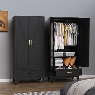 Metal Armoire Wardrobe Closet with 1Drawer, 71" Bedroom Wardrobe Closet with Doors and Hanging Rod, Clothing Storage Cabinet with Adjustable Shelves, for Laundry Room, Bedroom, Office(Black)