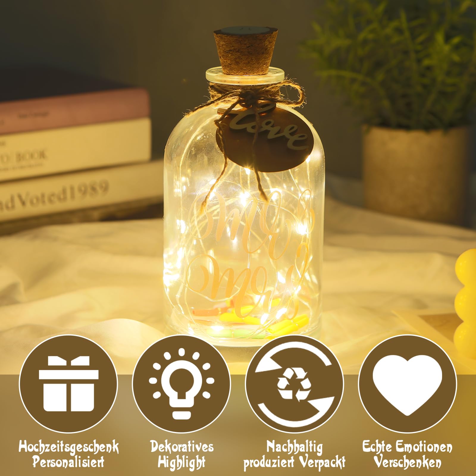 Bottiglia Luminosa Decorativa Con LED E Tappo Di Sughero – Colore Sabbia, Con Messaggio Stampato A Mano E Listini Dei Desideri – Regalo Per Compleanno, Matrimonio, Natale