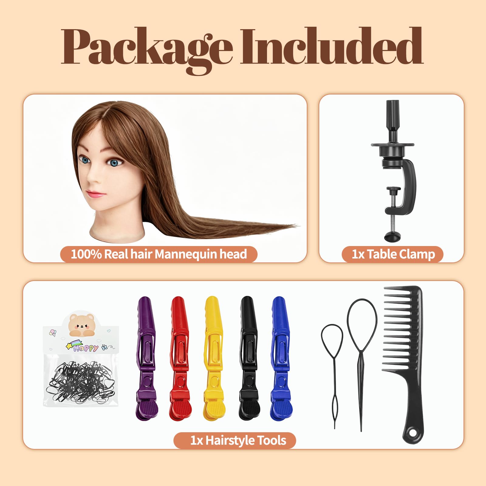 Yofuly 20Zoll/50cm Frisierkopf, 100% Echthaar Übungskopf, Frisieren Trainingsköpfe Puppenkopf Friseur Mannequinkopf mit Tischklemme + DIY-Zopfset (Braun)